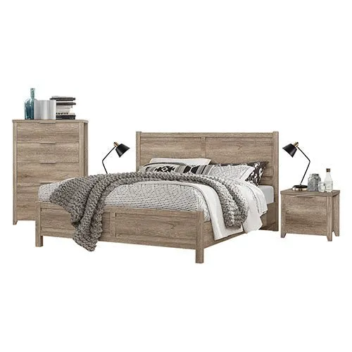 5 Pieces Bedroom Suite Natural Wood Like MDF Structure King Size Oak Colour Bed, Bedside Table, Tallboy & Dresser