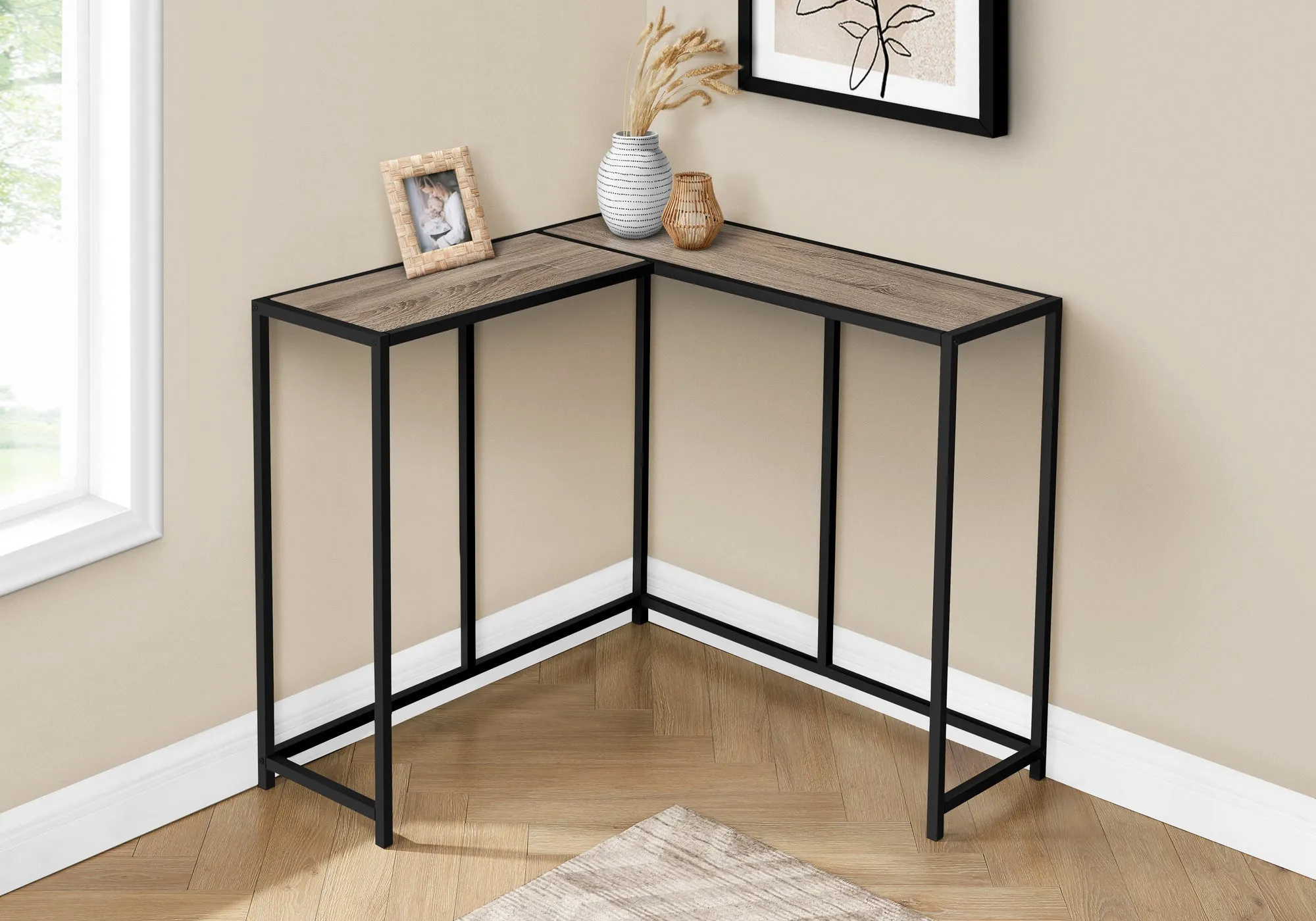 Accent Table - 36"L / Dark Taupe / Black Corner Console