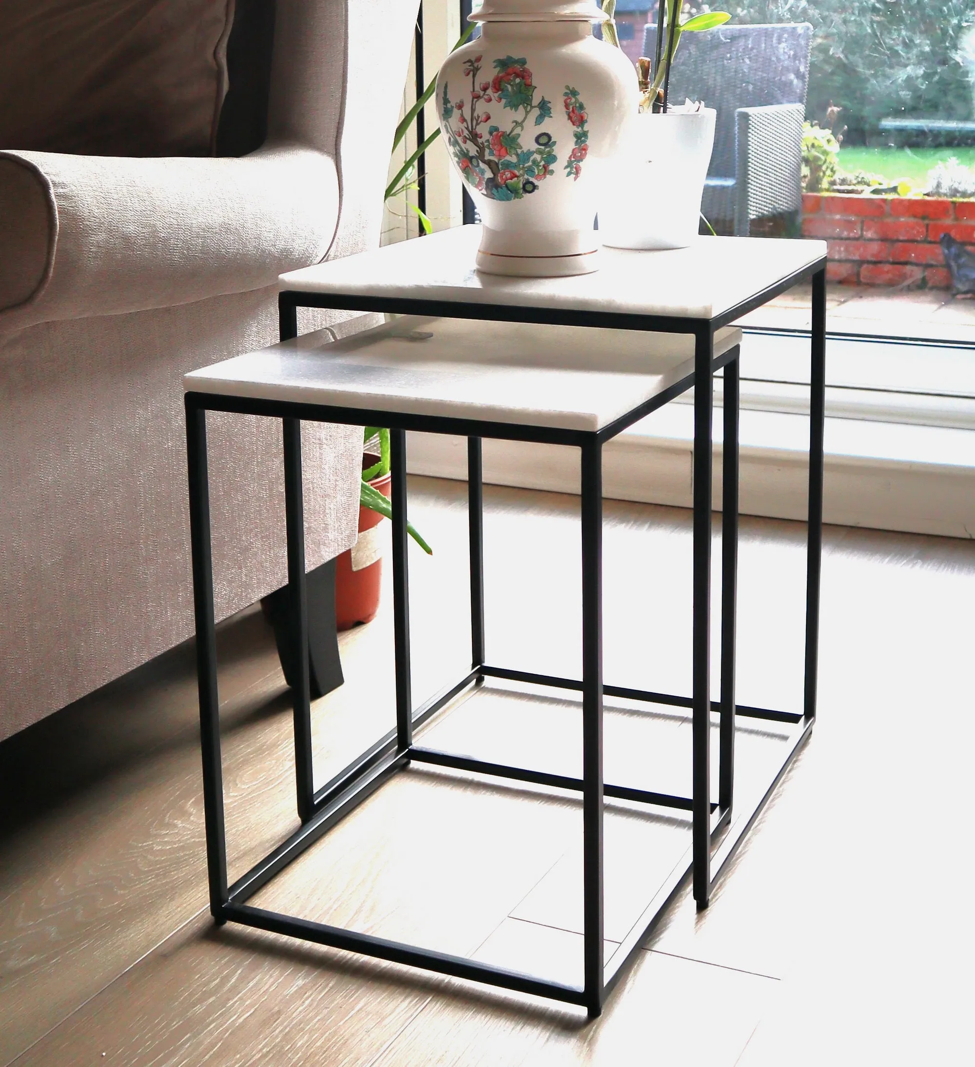 Carmel Marble Nest of Tables in White with Black Metal Bases