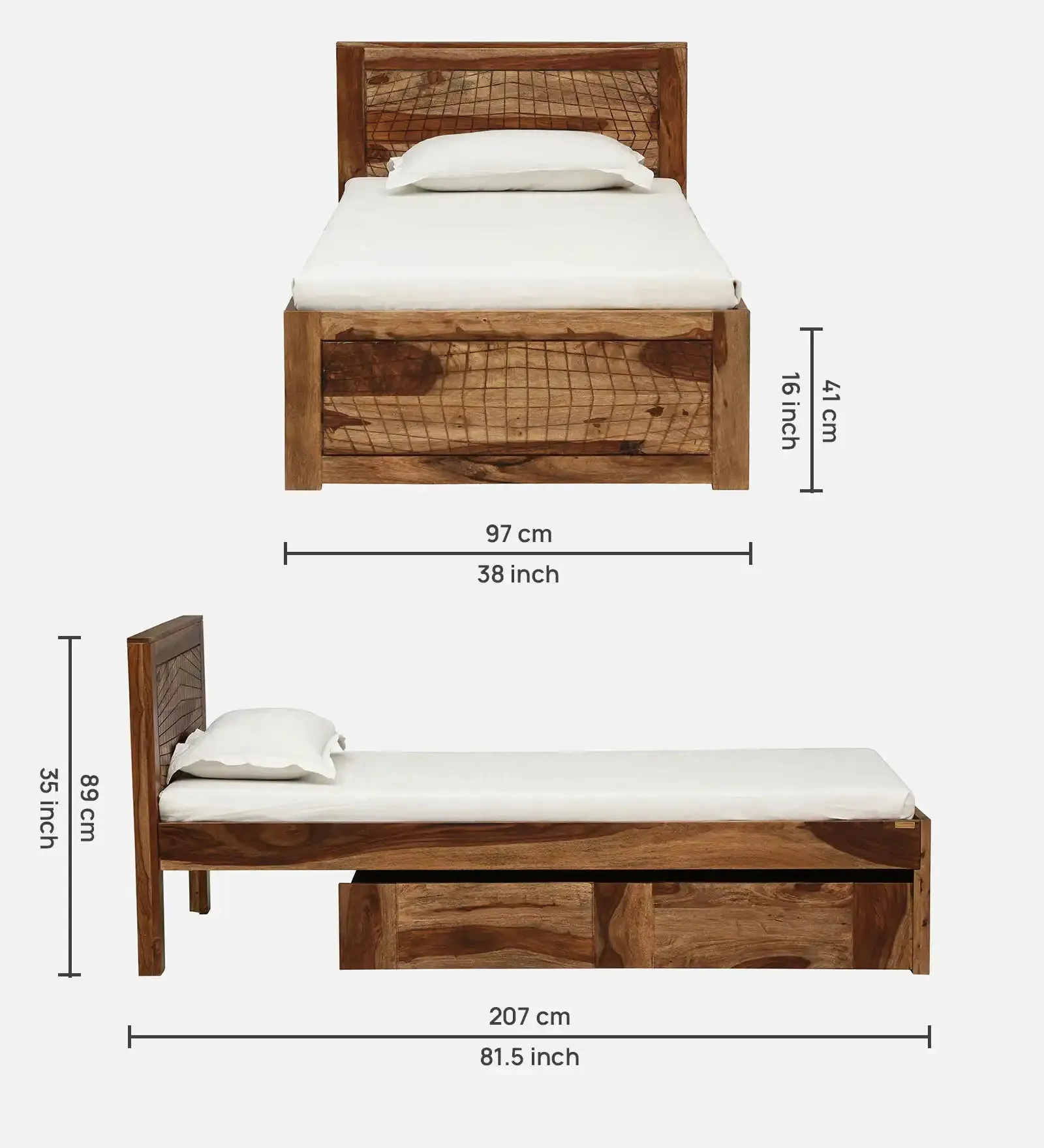 Harmonia Sheesham Wood Single Bed With Storage