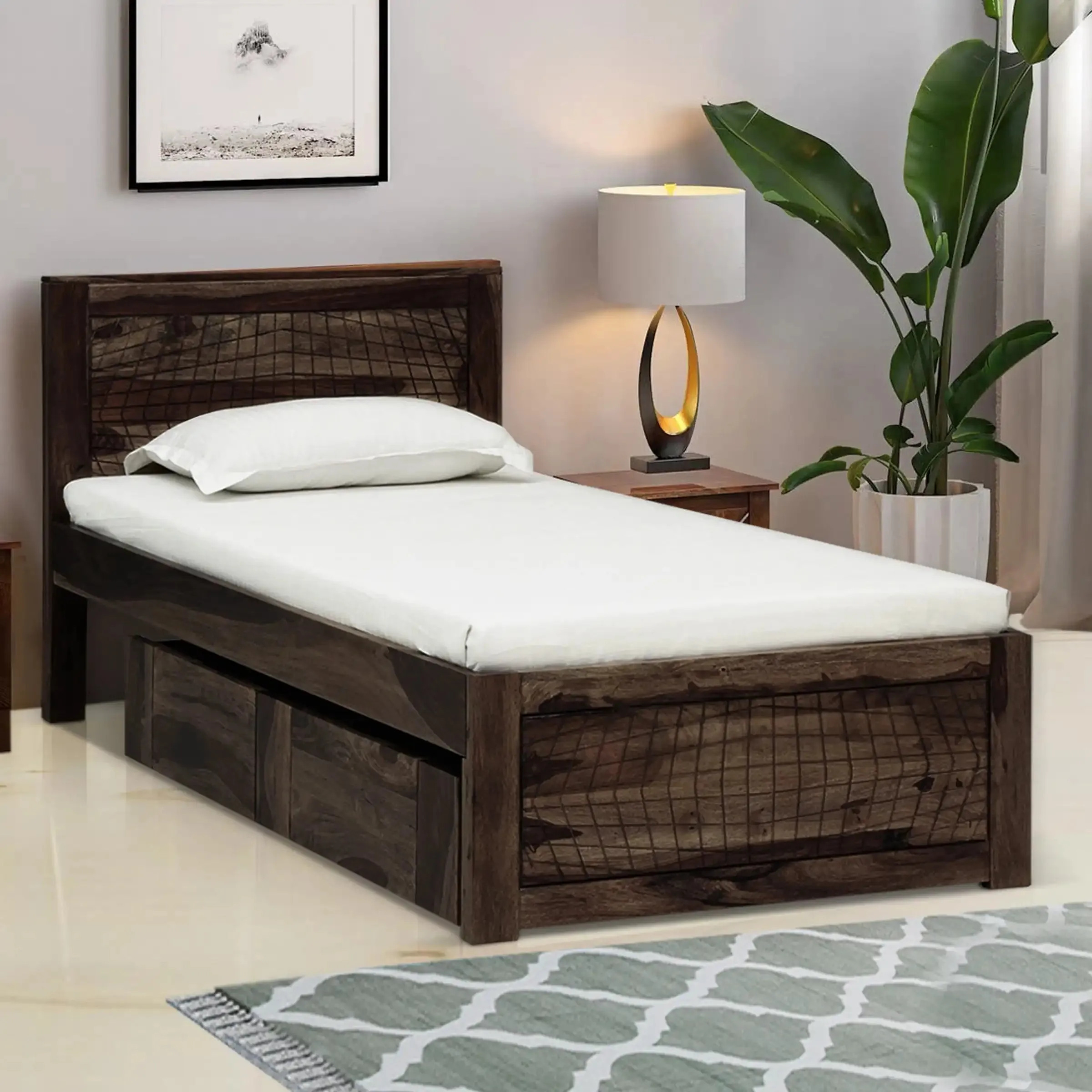Harmonia Sheesham Wood Single Bed With Storage