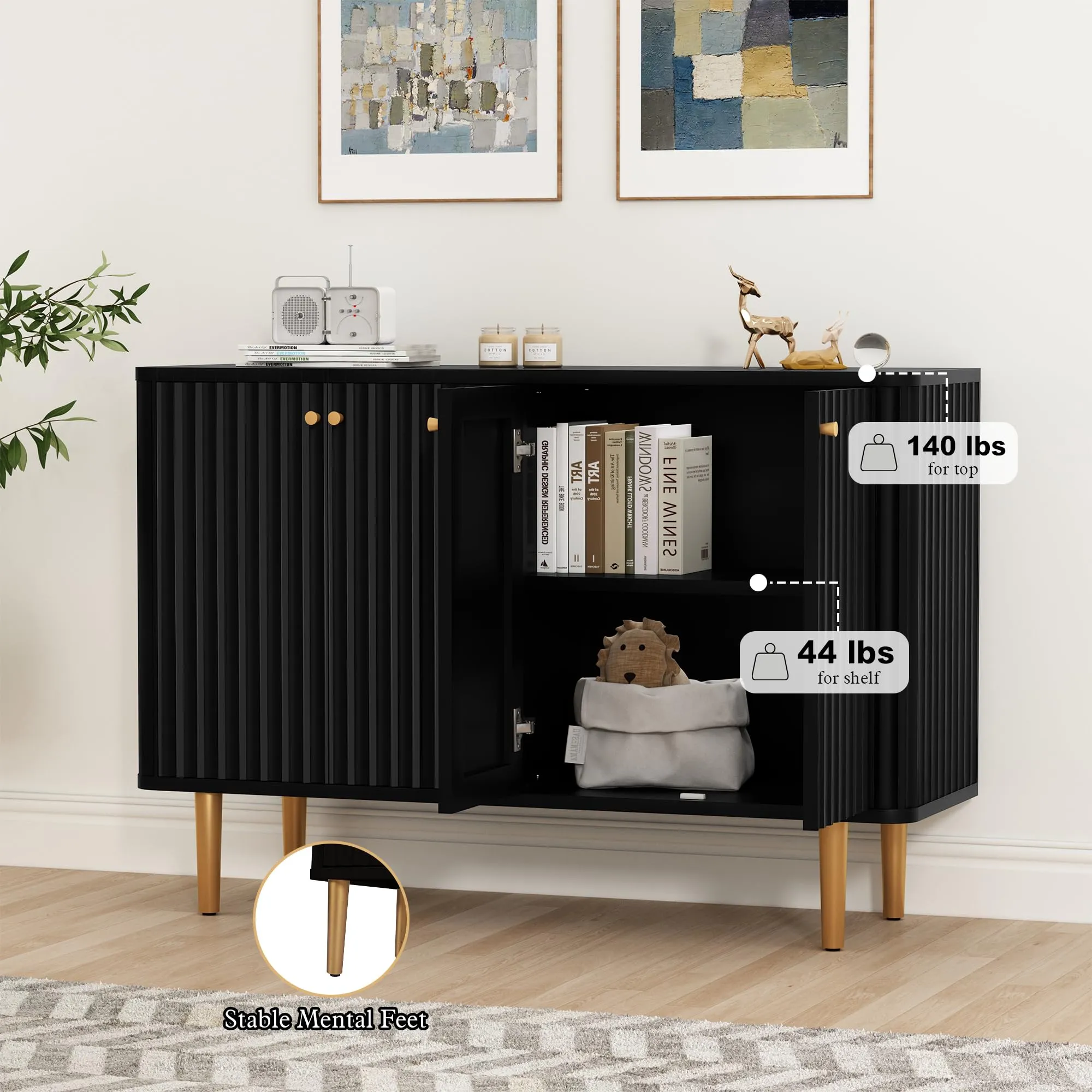 HLR Black Fluted Sideboard Buffet Credenza with 2 Doors, Modern Accent Storage for Kitchen, Living & Entryway
