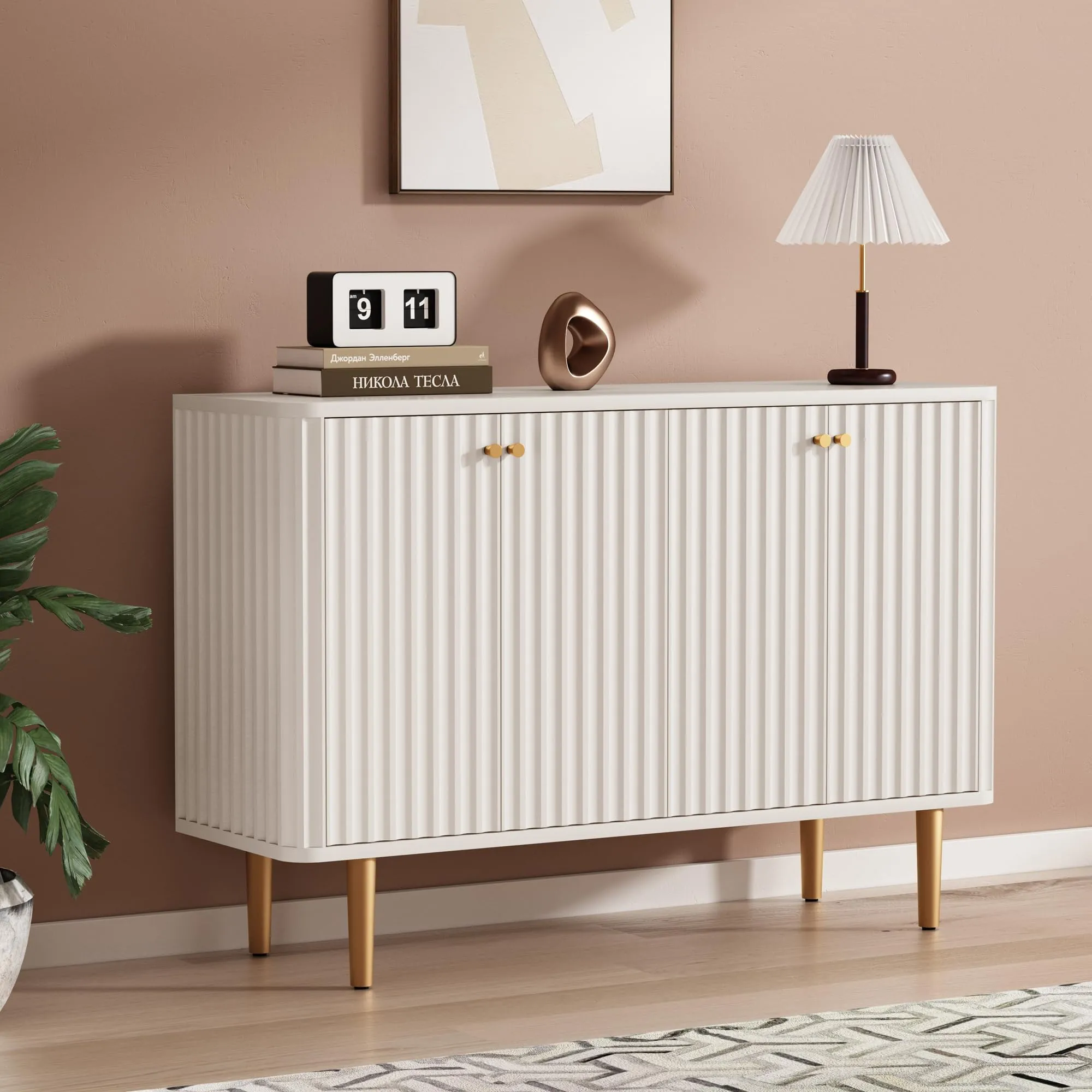 HLR Black Fluted Sideboard Buffet Credenza with 2 Doors, Modern Accent Storage for Kitchen, Living & Entryway