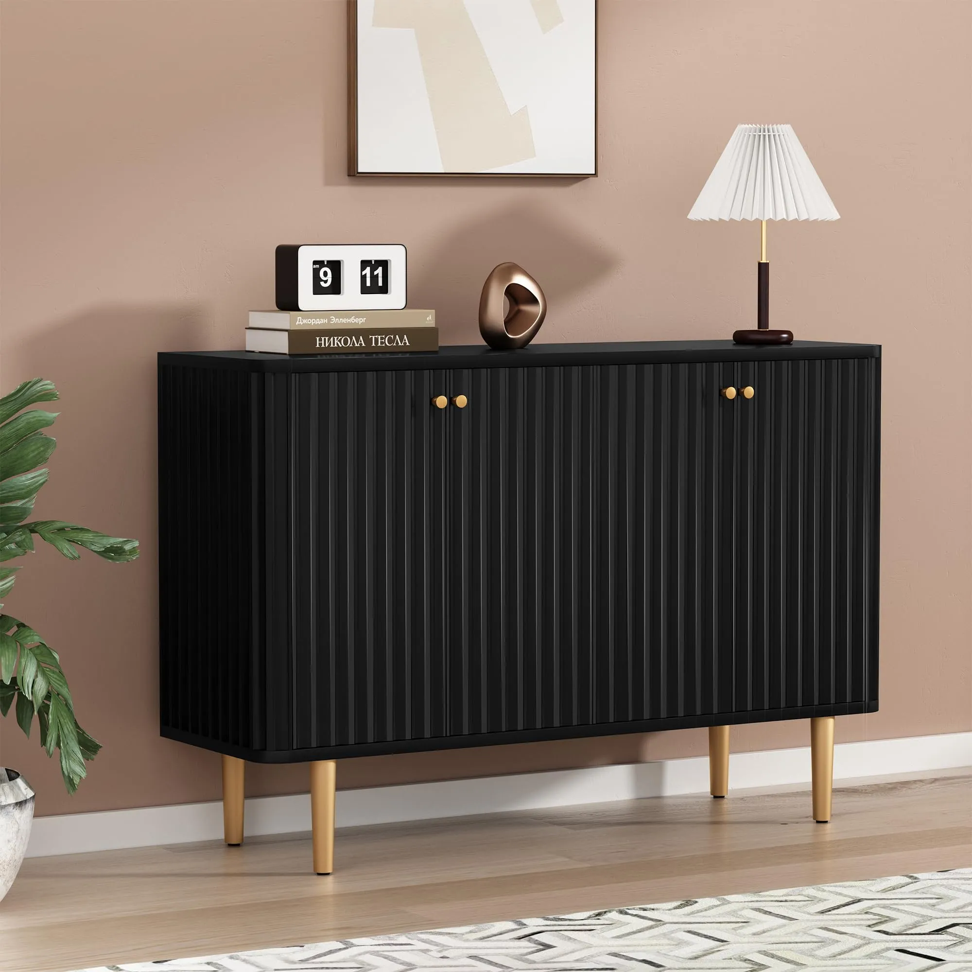 HLR Black Fluted Sideboard Buffet Credenza with 2 Doors, Modern Accent Storage for Kitchen, Living & Entryway