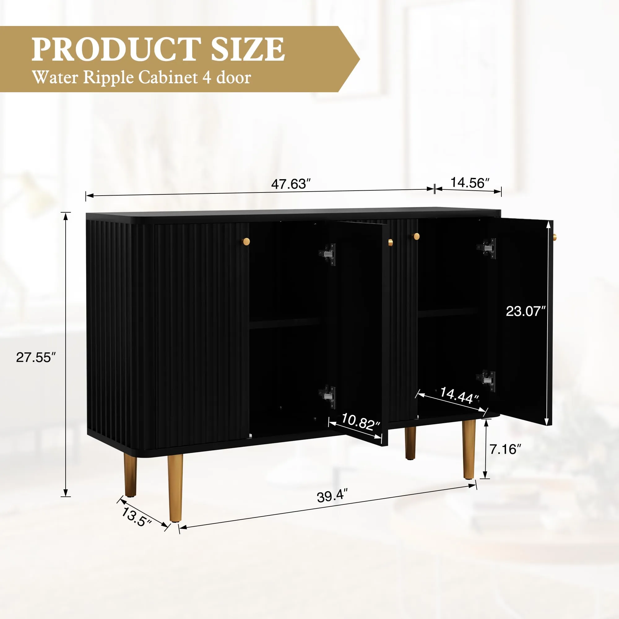 HLR Black Fluted Sideboard Buffet Credenza with 2 Doors, Modern Accent Storage for Kitchen, Living & Entryway