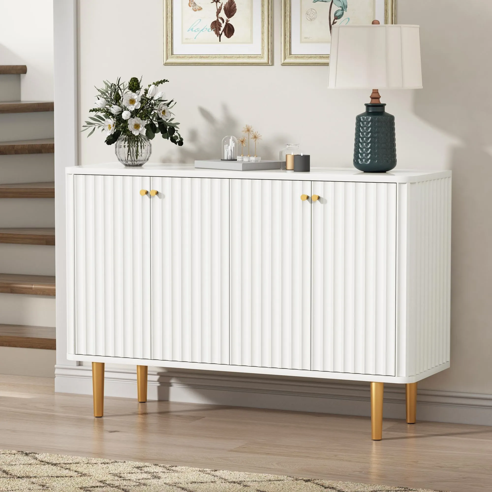 HLR Black Fluted Sideboard Buffet Credenza with 2 Doors, Modern Accent Storage for Kitchen, Living & Entryway