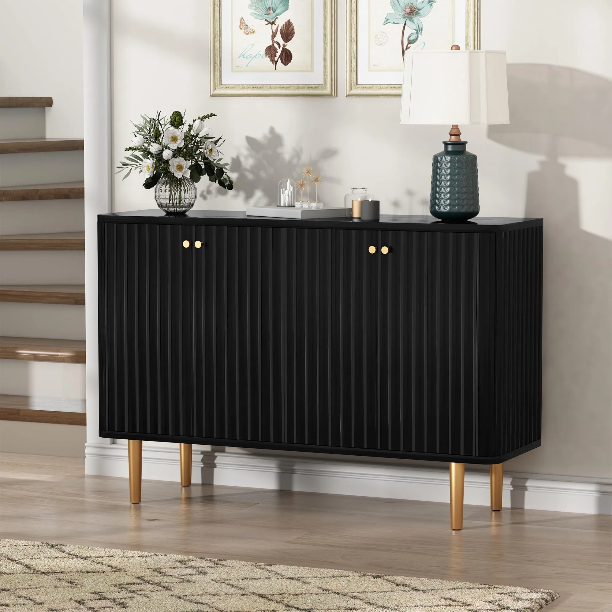 HLR Black Fluted Sideboard Buffet Credenza with 2 Doors, Modern Accent Storage for Kitchen, Living & Entryway