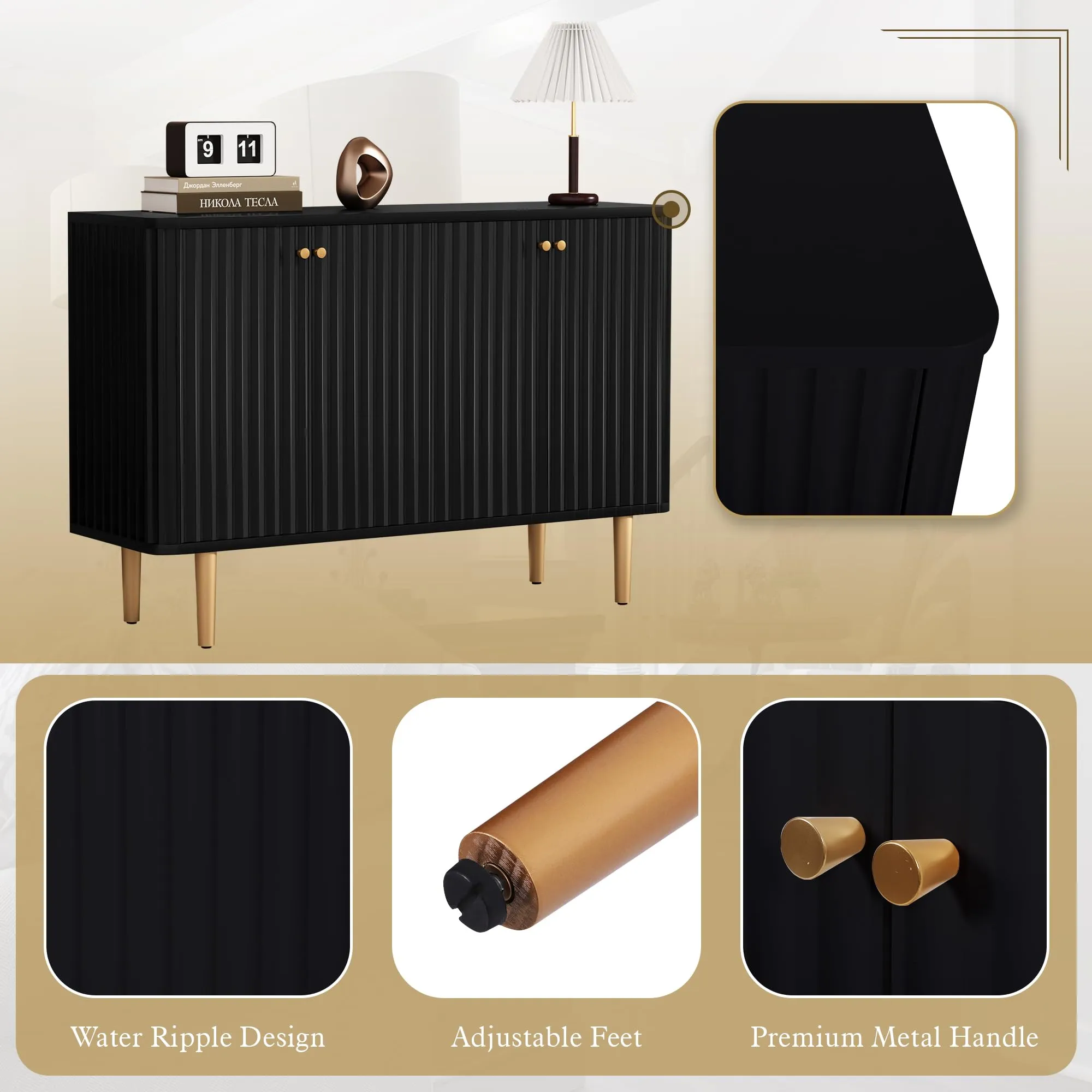 HLR Black Fluted Sideboard Buffet Credenza with 2 Doors, Modern Accent Storage for Kitchen, Living & Entryway