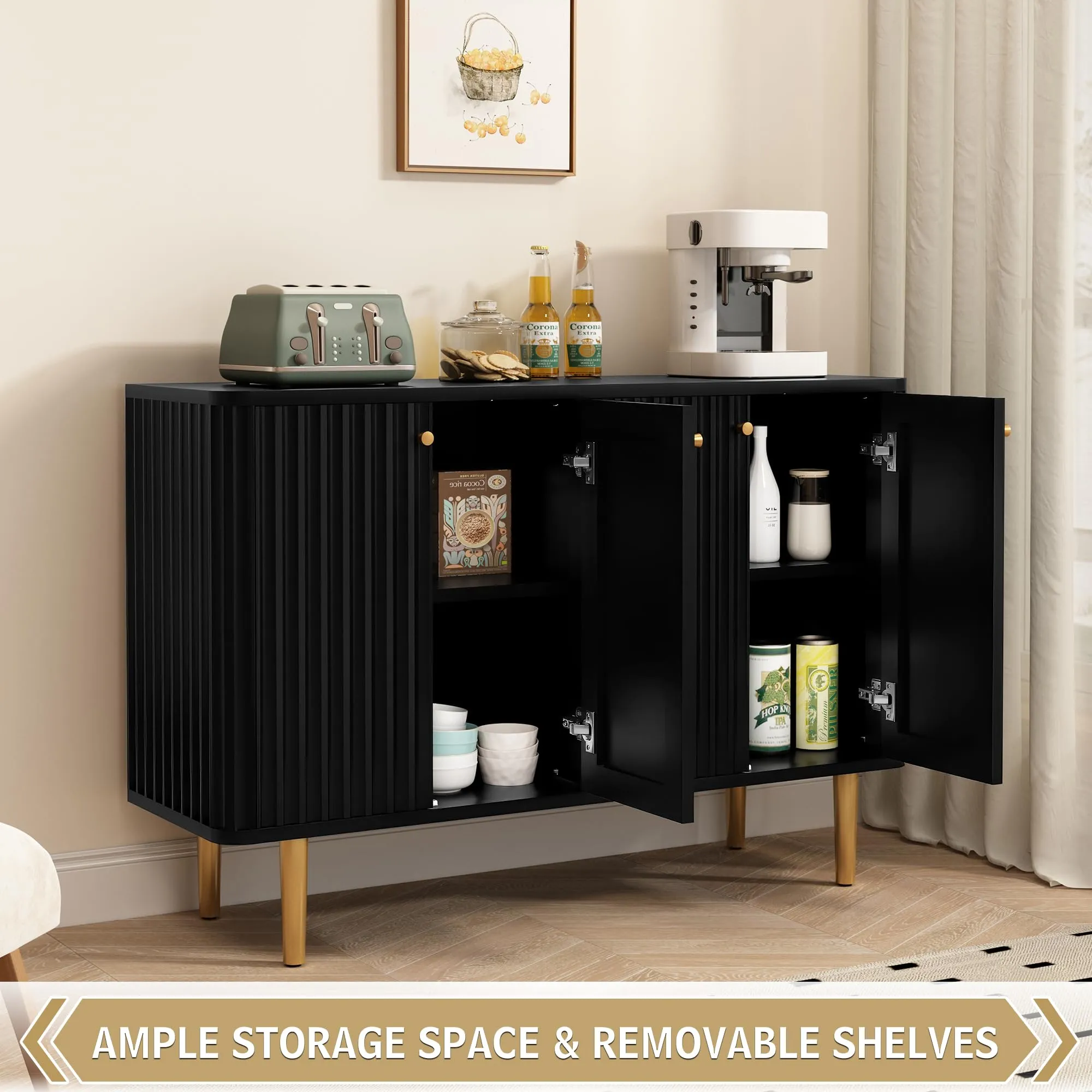 HLR Black Fluted Sideboard Buffet Credenza with 2 Doors, Modern Accent Storage for Kitchen, Living & Entryway