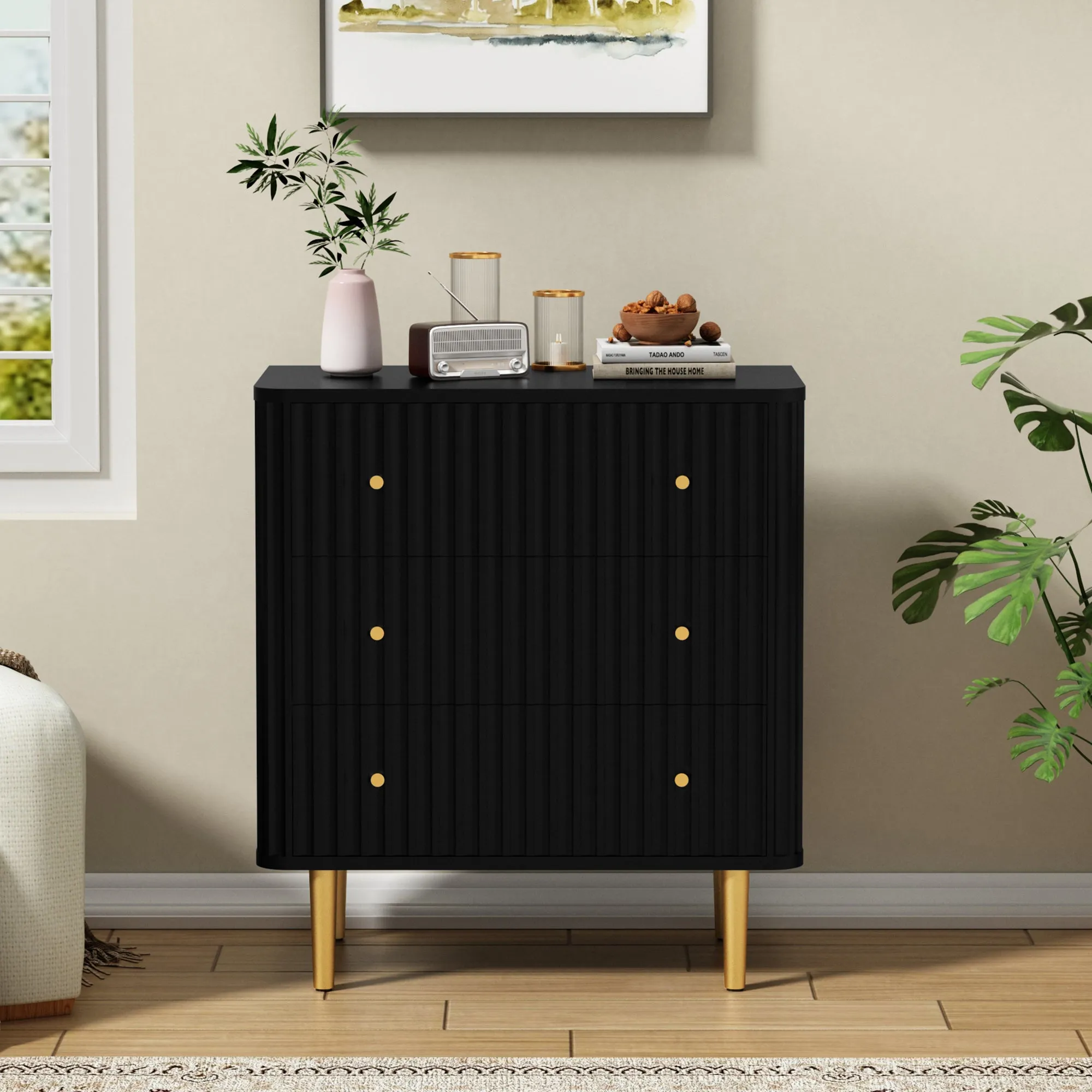 HLR Black Modern Tall Wood Dresser 3-Drawer Storage Cabinet with Fluted Texture  Stylish Organizer for Bedroom, Closet, Living Room & Hallway