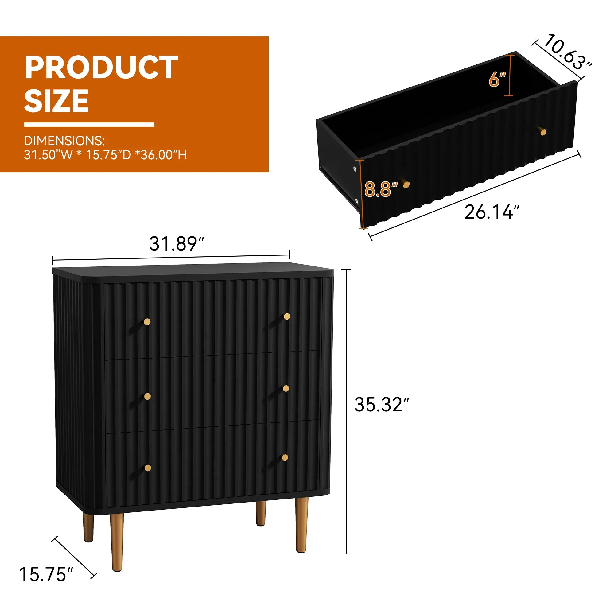 HLR Black Modern Tall Wood Dresser 3-Drawer Storage Cabinet with Fluted Texture  Stylish Organizer for Bedroom, Closet, Living Room & Hallway