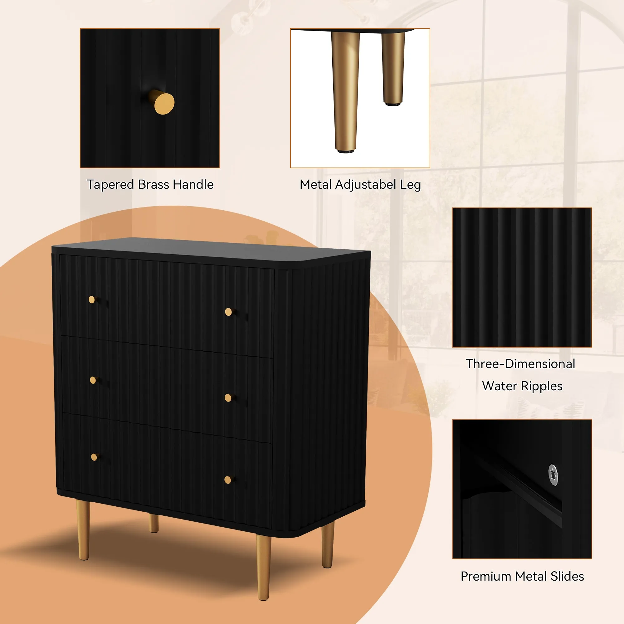 HLR Black Modern Tall Wood Dresser 3-Drawer Storage Cabinet with Fluted Texture  Stylish Organizer for Bedroom, Closet, Living Room & Hallway