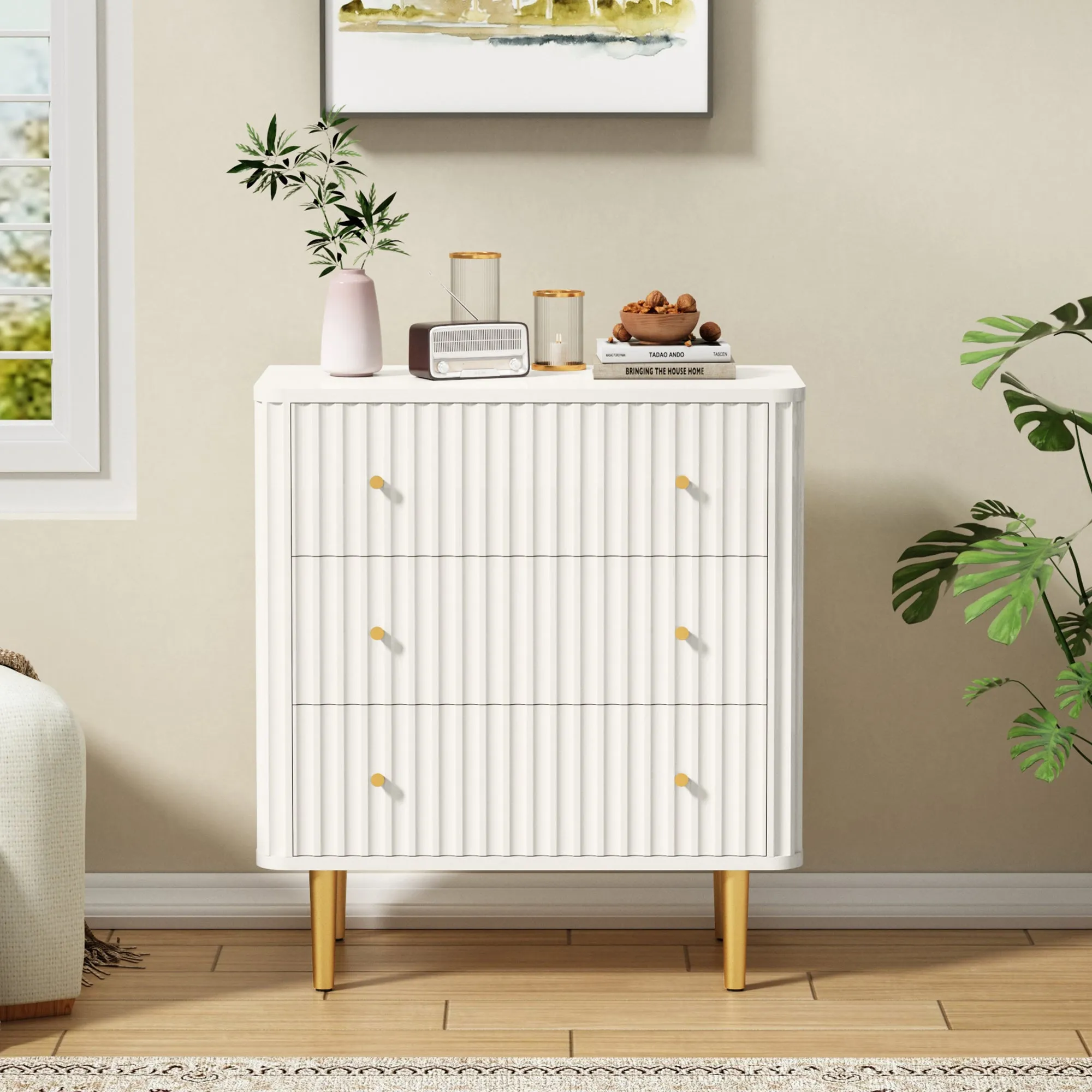 HLR Black Modern Tall Wood Dresser 3-Drawer Storage Cabinet with Fluted Texture  Stylish Organizer for Bedroom, Closet, Living Room & Hallway