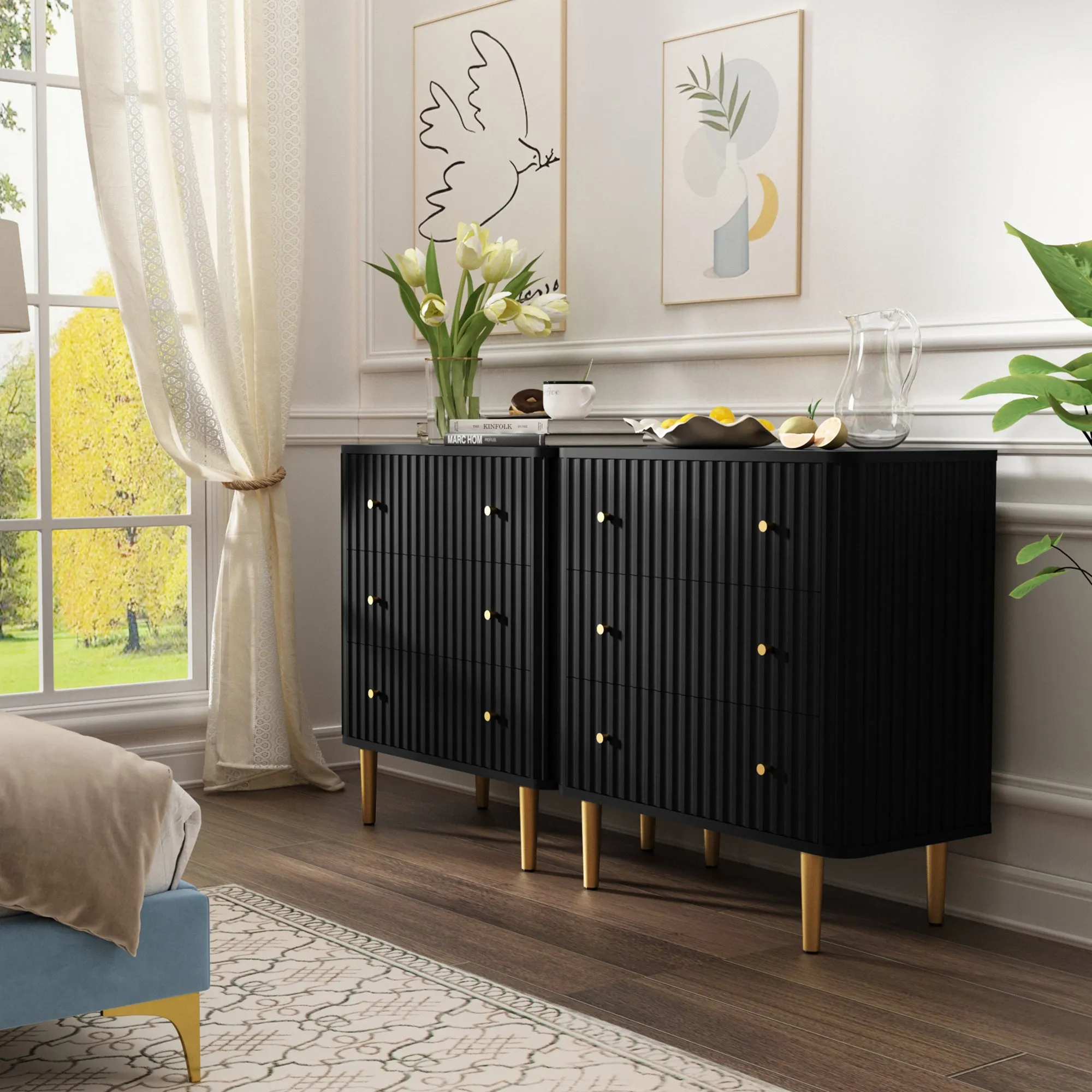 HLR Black Modern Tall Wood Dresser 3-Drawer Storage Cabinet with Fluted Texture  Stylish Organizer for Bedroom, Closet, Living Room & Hallway