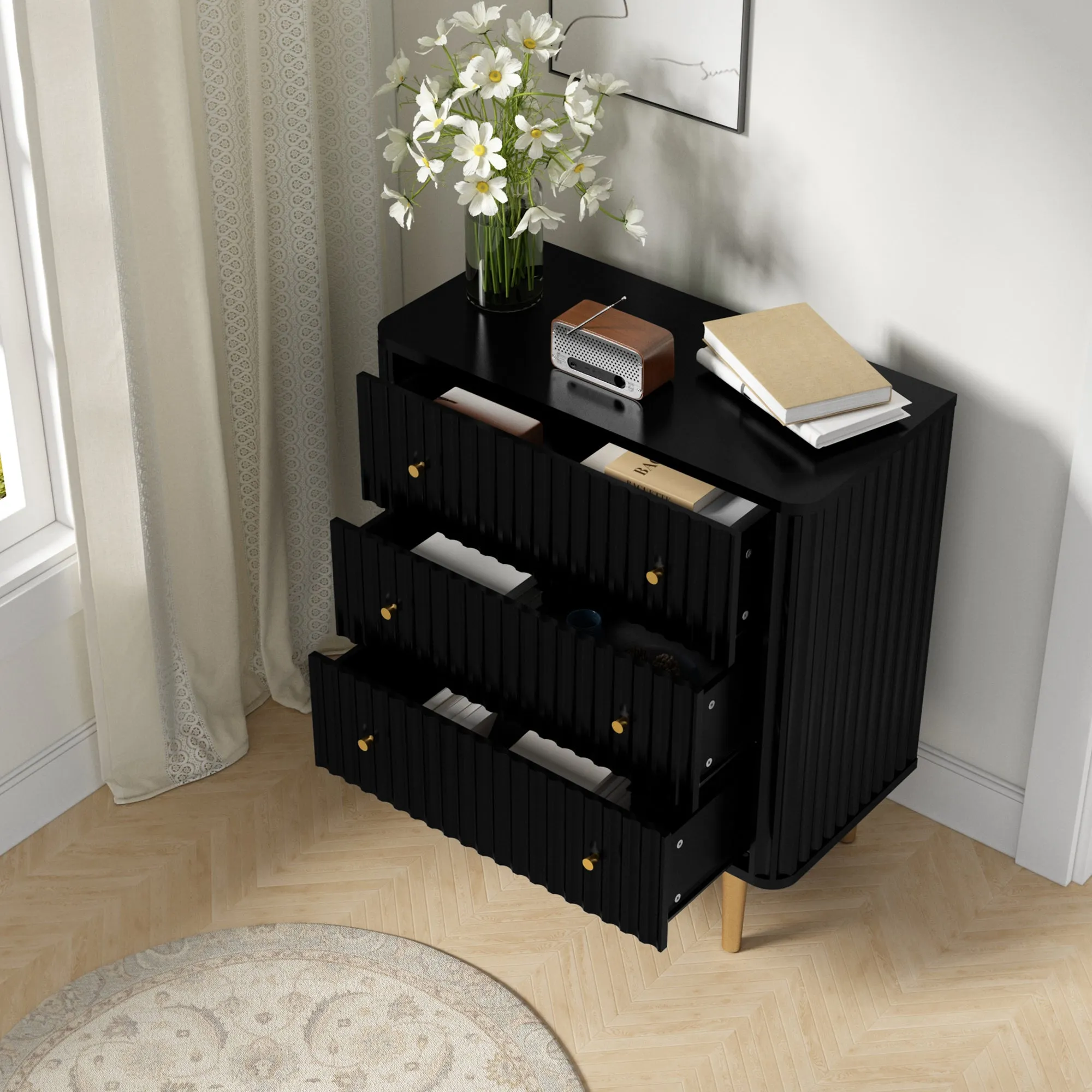 HLR Black Modern Tall Wood Dresser 3-Drawer Storage Cabinet with Fluted Texture  Stylish Organizer for Bedroom, Closet, Living Room & Hallway