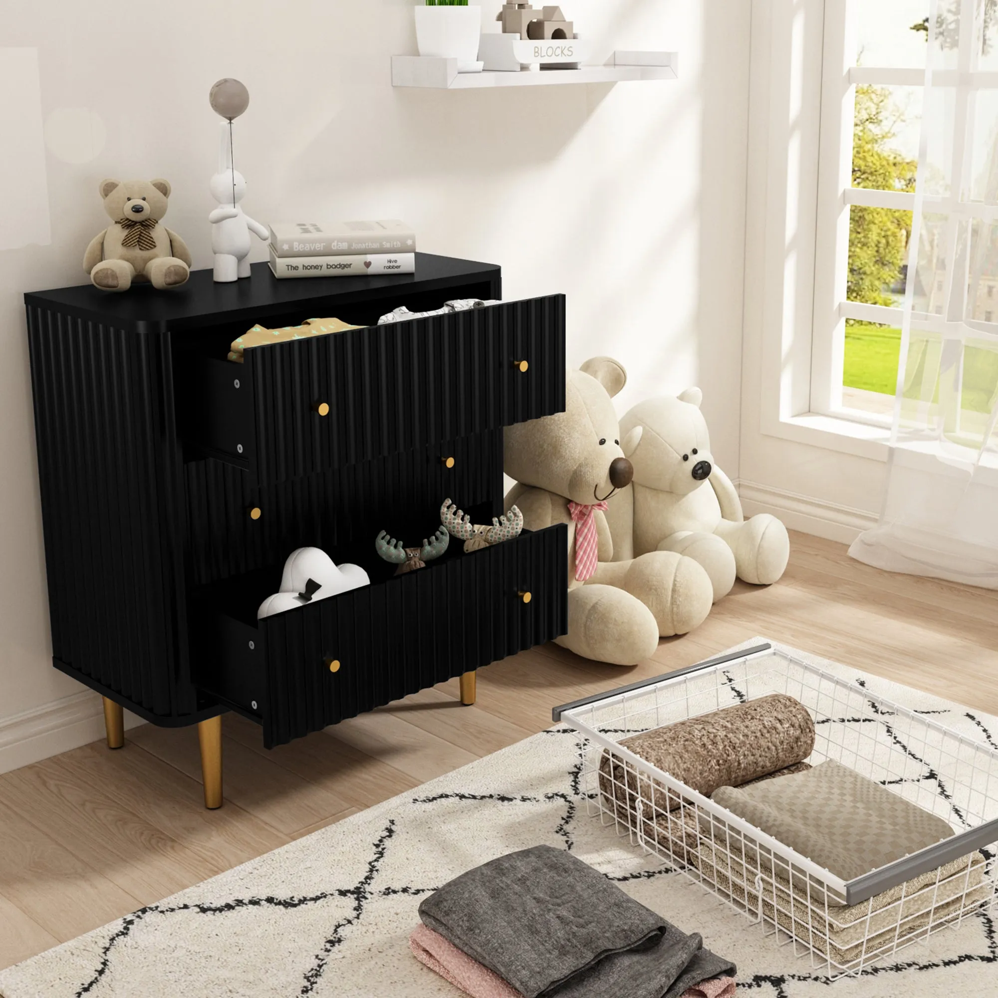 HLR Black Modern Tall Wood Dresser 3-Drawer Storage Cabinet with Fluted Texture  Stylish Organizer for Bedroom, Closet, Living Room & Hallway