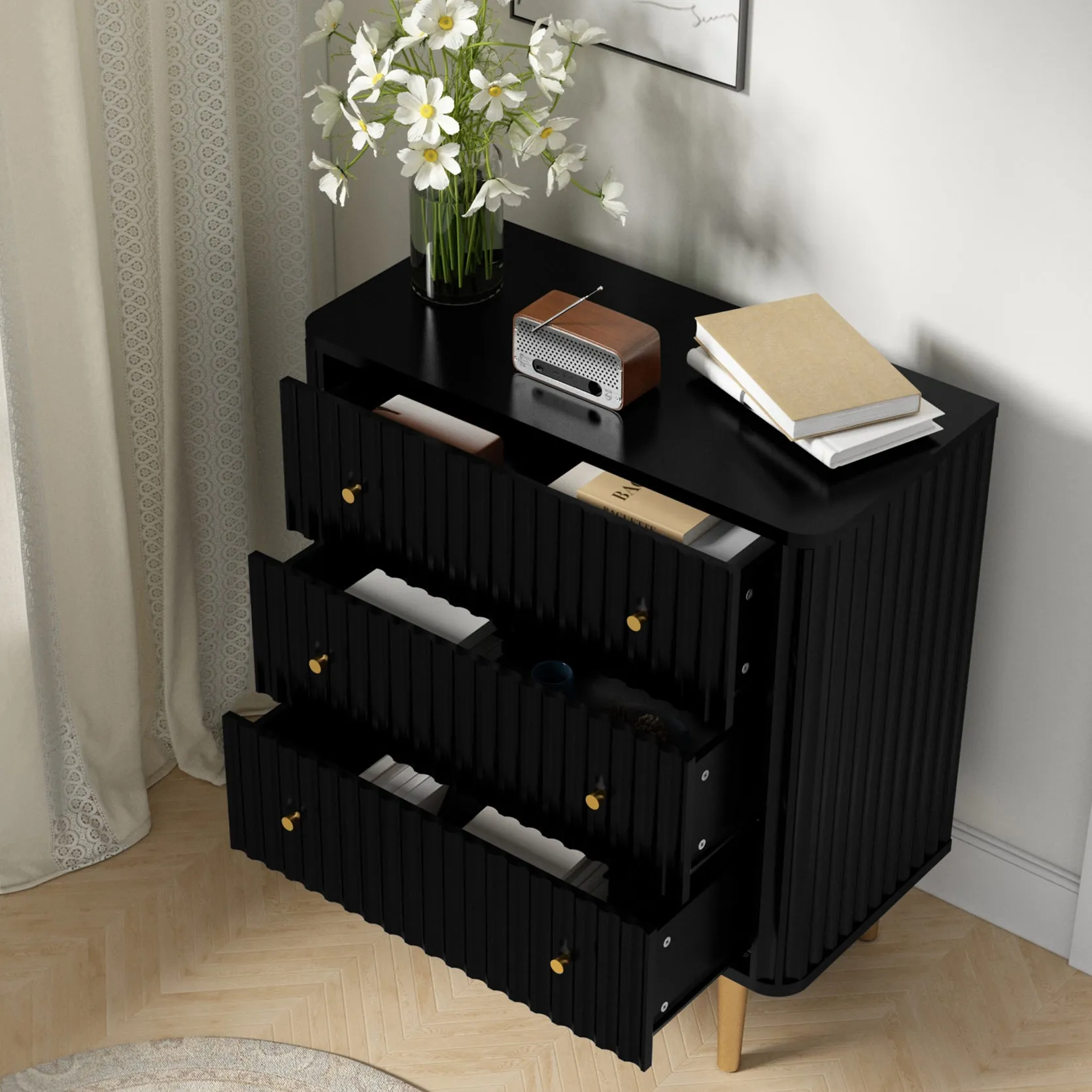 HLR Black Modern Tall Wood Dresser 3-Drawer Storage Cabinet with Fluted Texture  Stylish Organizer for Bedroom, Closet, Living Room & Hallway