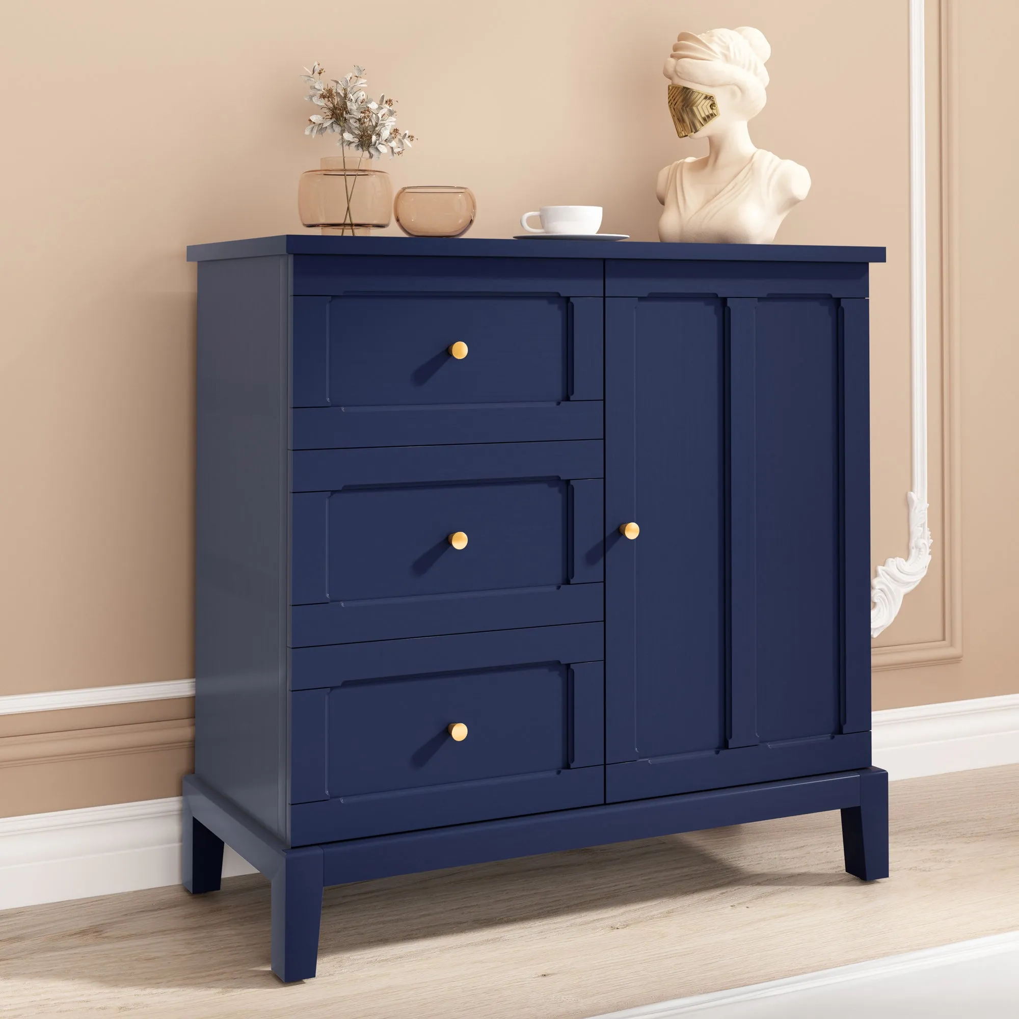 HLR Blue Wooden Accent Sideboard Cabinet with 3-Drawer Storage, Door & Shelves  Stylish Organization for Living Room & Entryway