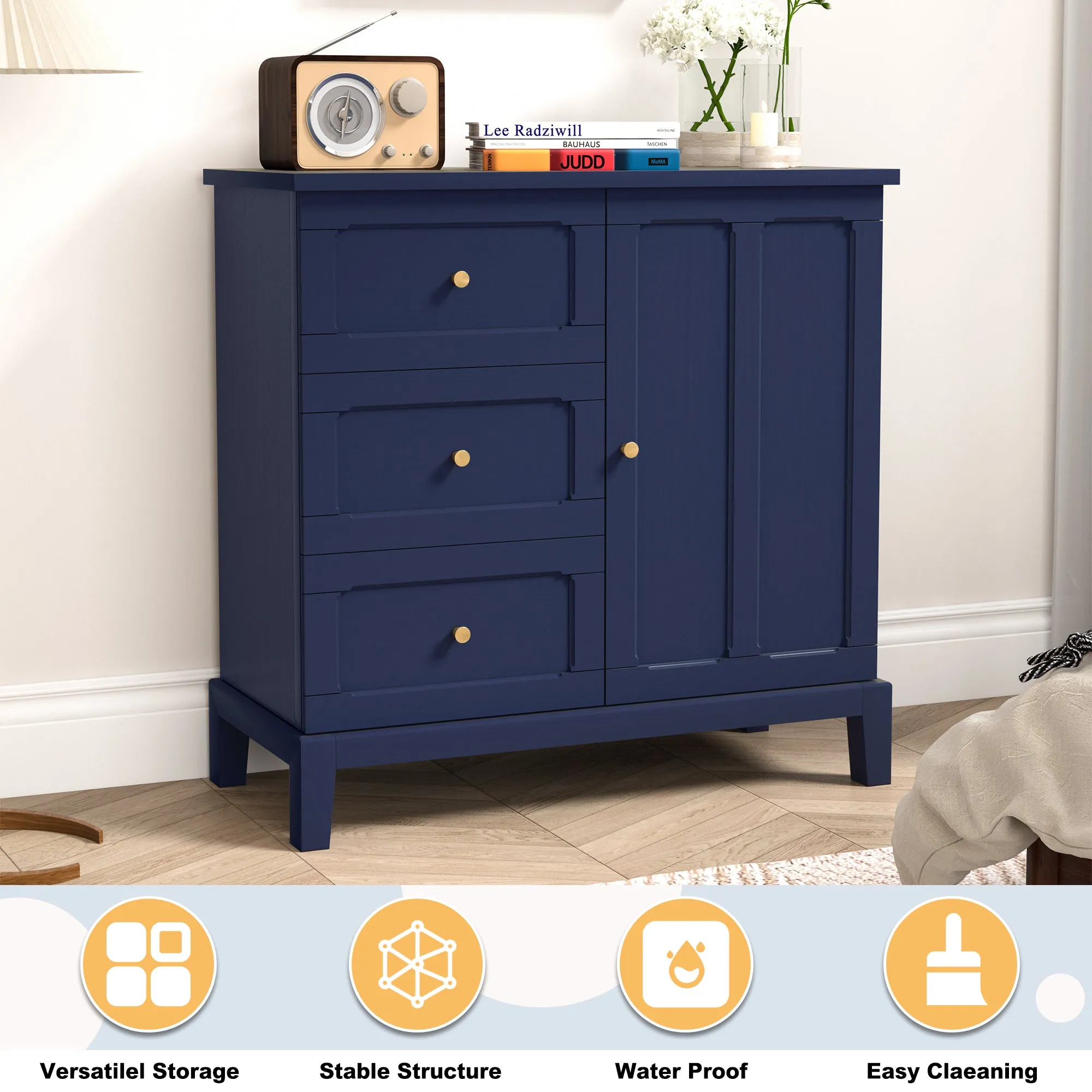HLR Blue Wooden Accent Sideboard Cabinet with 3-Drawer Storage, Door & Shelves  Stylish Organization for Living Room & Entryway