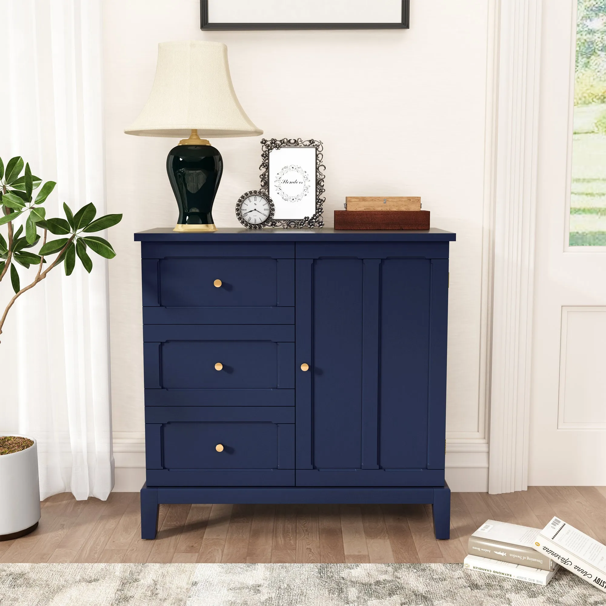 HLR Blue Wooden Accent Sideboard Cabinet with 3-Drawer Storage, Door & Shelves  Stylish Organization for Living Room & Entryway