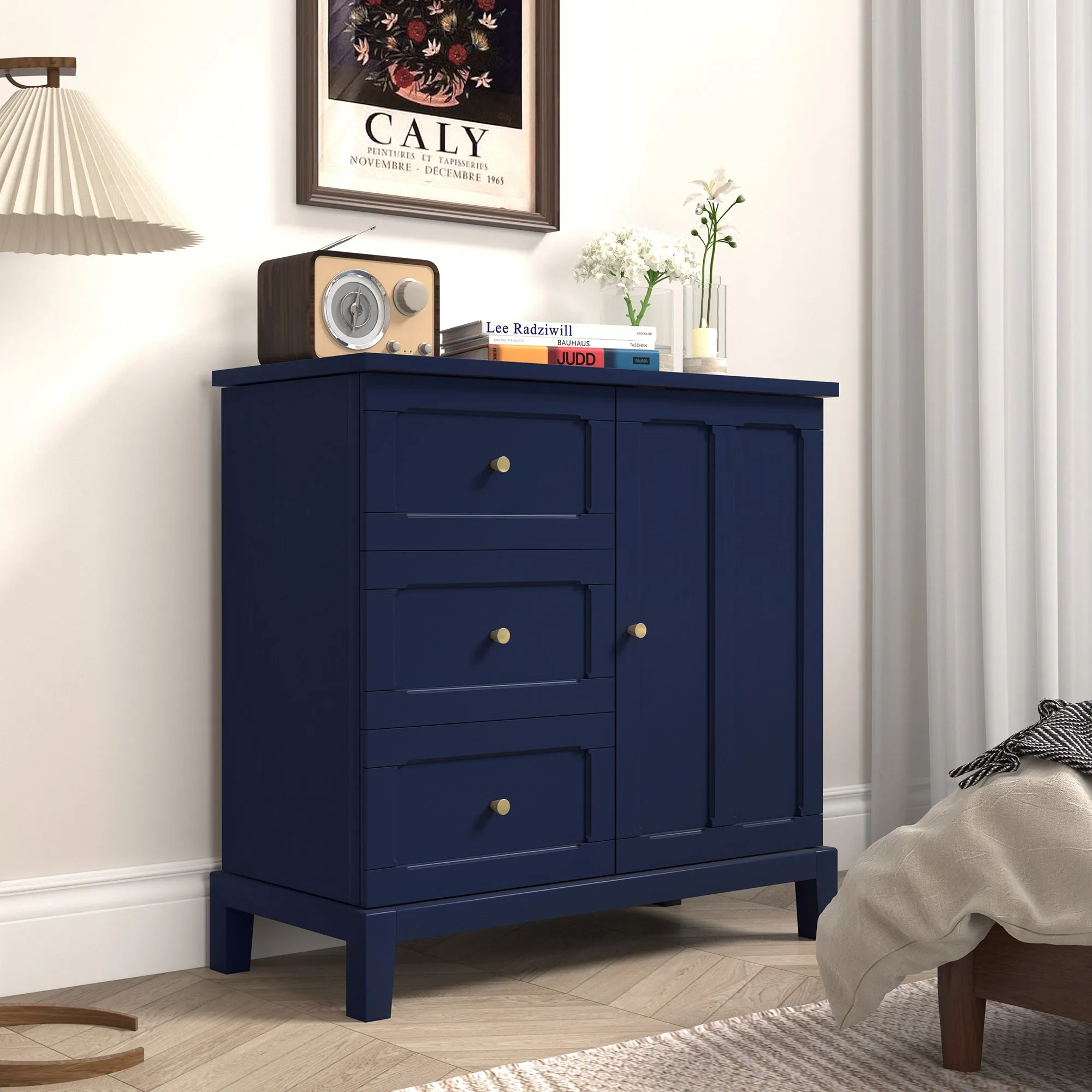 HLR Blue Wooden Accent Sideboard Cabinet with 3-Drawer Storage, Door & Shelves  Stylish Organization for Living Room & Entryway