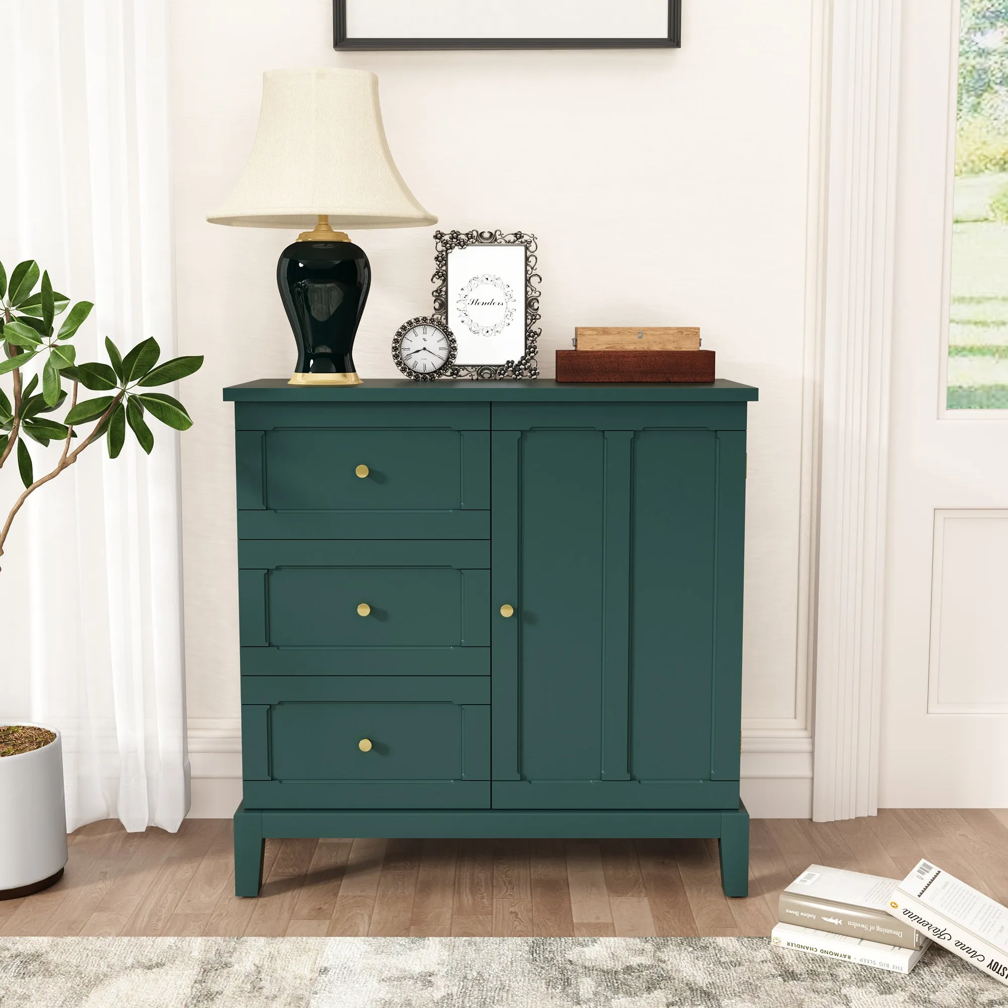 HLR Blue Wooden Accent Sideboard Cabinet with 3-Drawer Storage, Door & Shelves  Stylish Organization for Living Room & Entryway