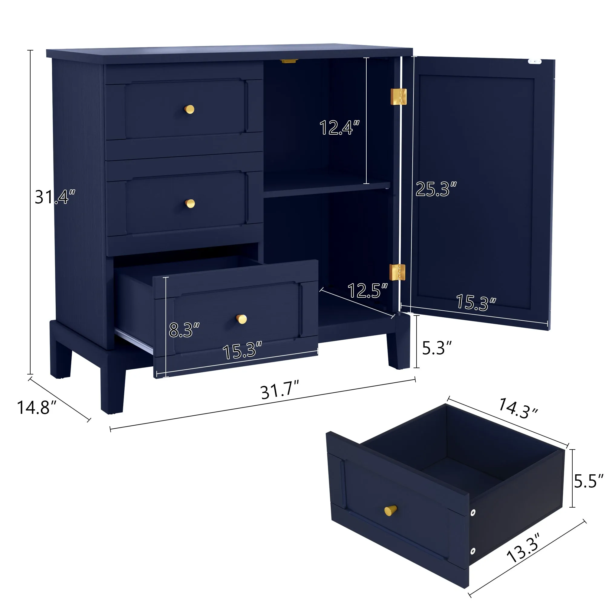 HLR Blue Wooden Accent Sideboard Cabinet with 3-Drawer Storage, Door & Shelves  Stylish Organization for Living Room & Entryway