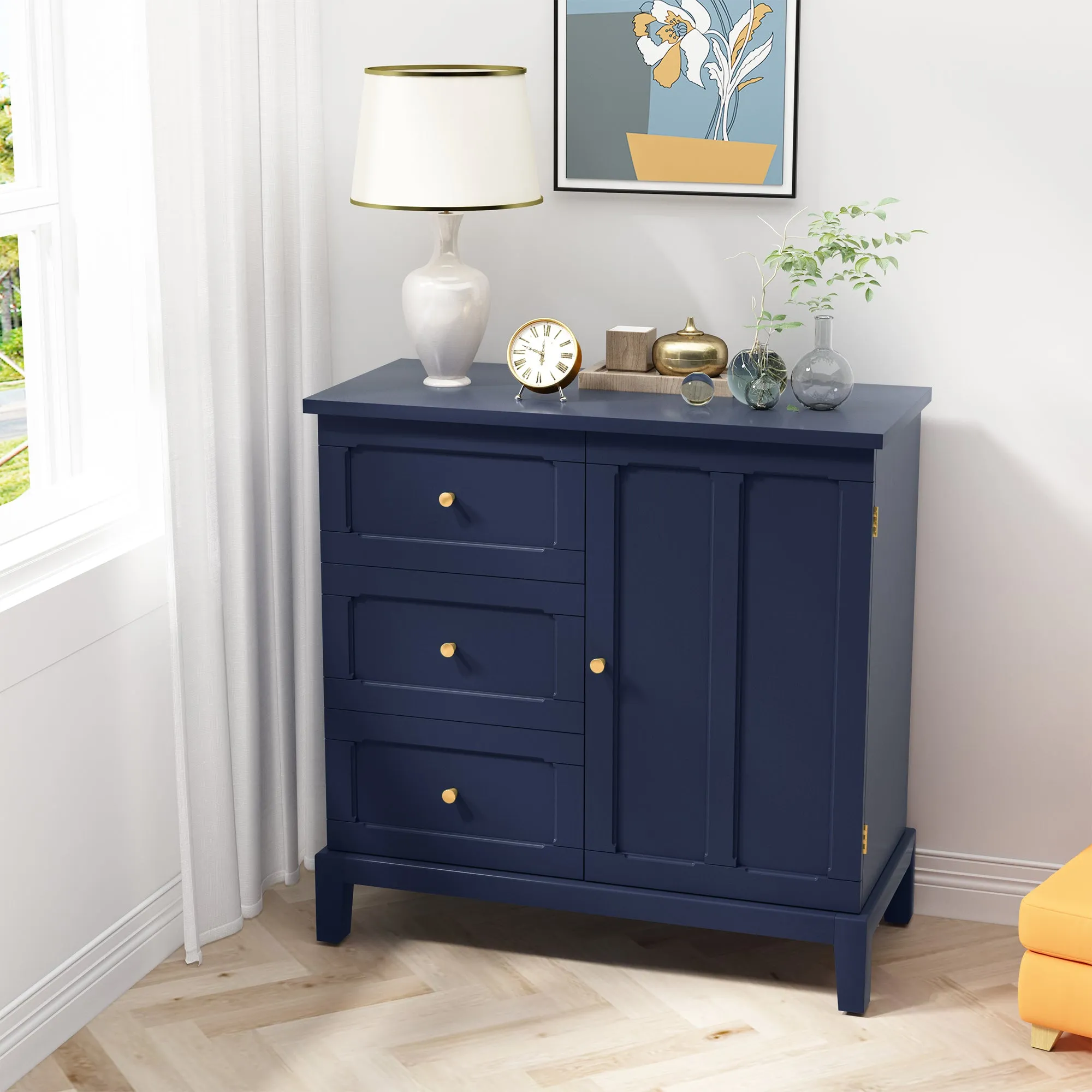 HLR Blue Wooden Accent Sideboard Cabinet with 3-Drawer Storage, Door & Shelves  Stylish Organization for Living Room & Entryway