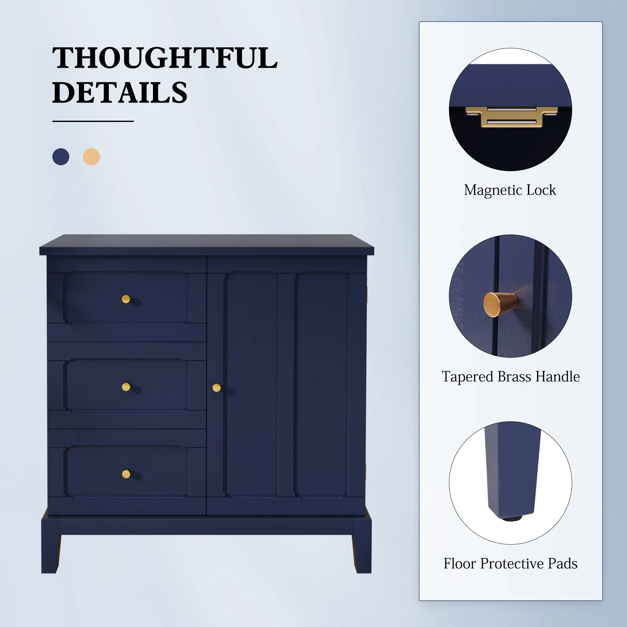 HLR Blue Wooden Accent Sideboard Cabinet with 3-Drawer Storage, Door & Shelves  Stylish Organization for Living Room & Entryway