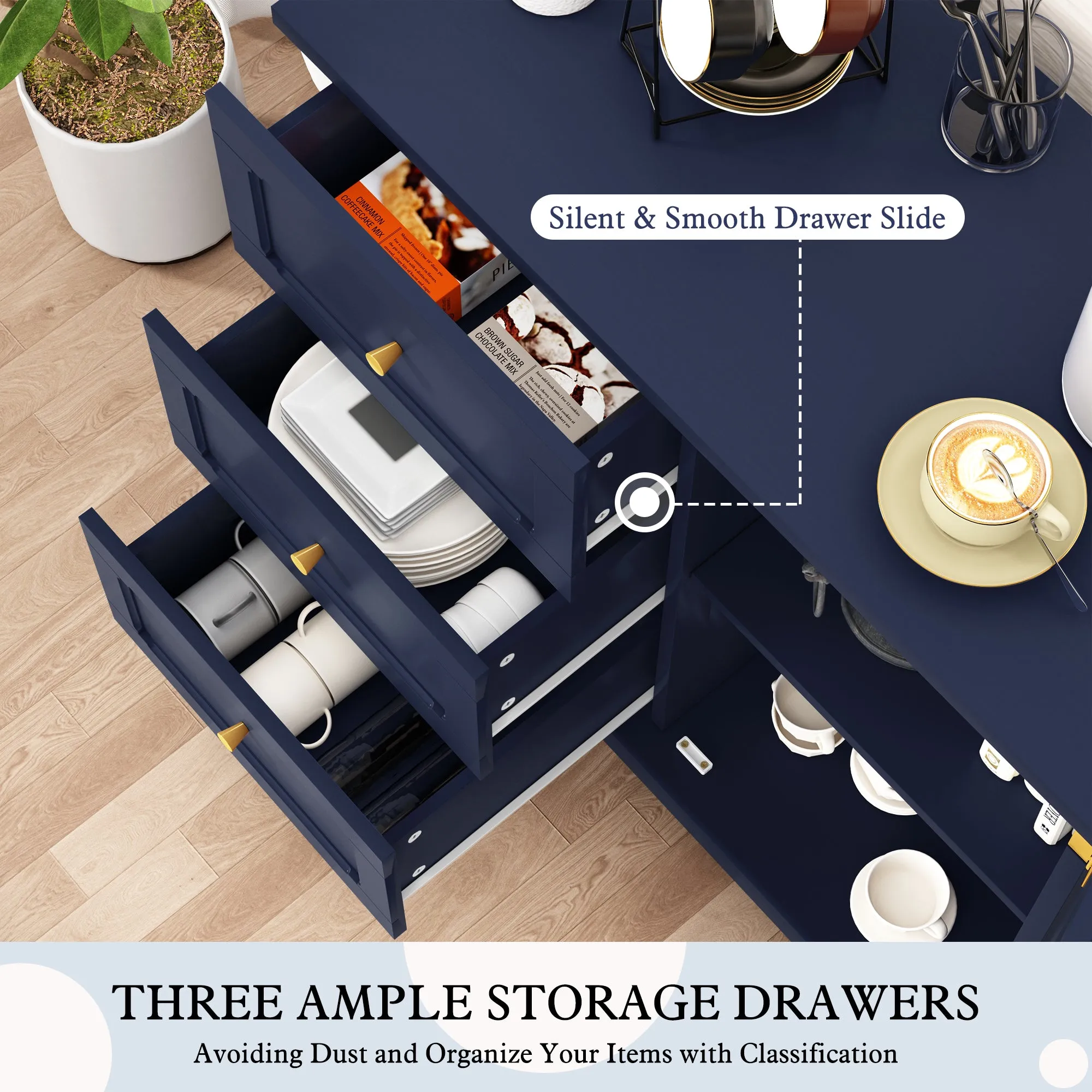 HLR Blue Wooden Accent Sideboard Cabinet with 3-Drawer Storage, Door & Shelves  Stylish Organization for Living Room & Entryway