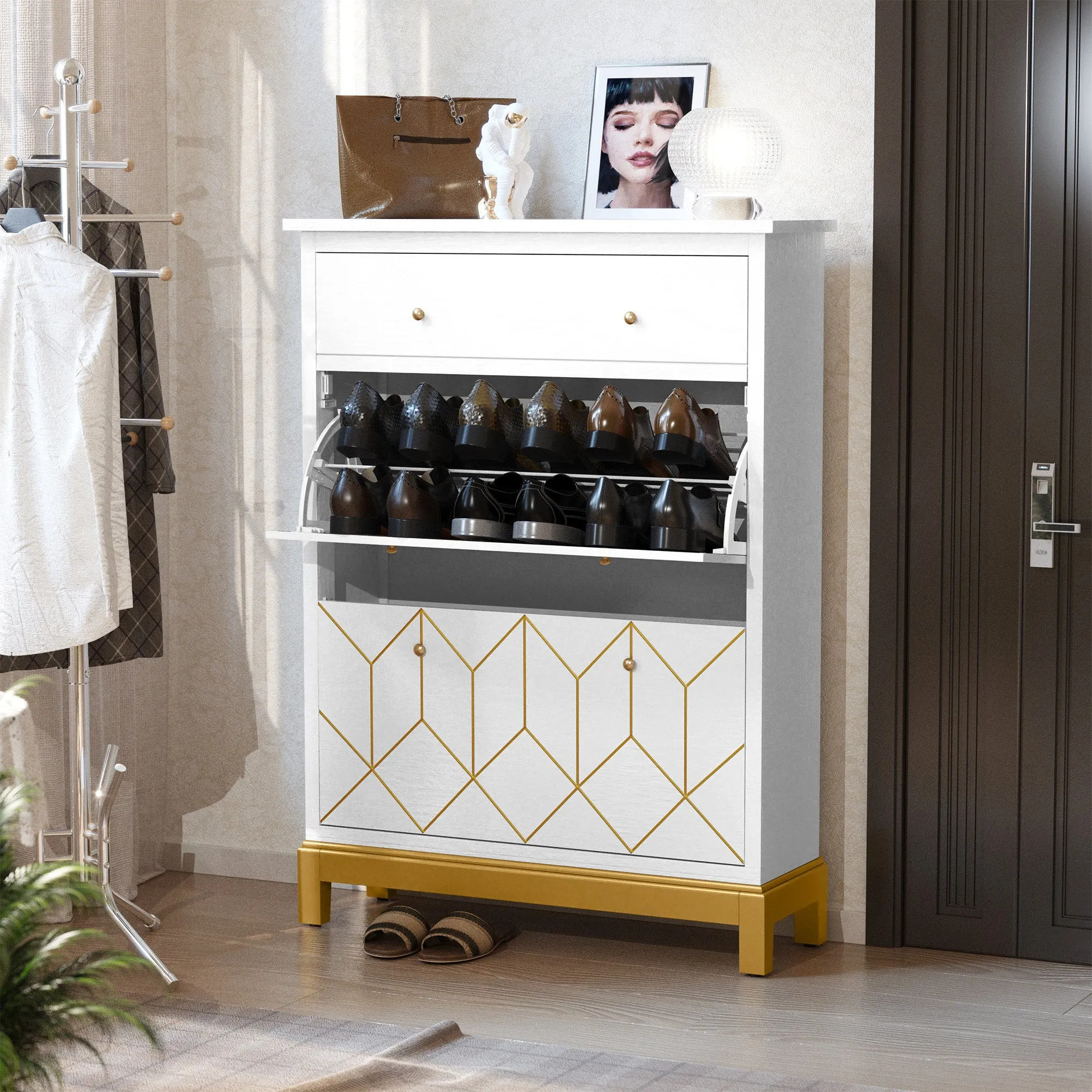 HLR White Space-Saving Hidden Shoe Cabinet 2 Flip-Doors & 1 Drawer  Compact Storage for Entryway, Living Room & Front Door