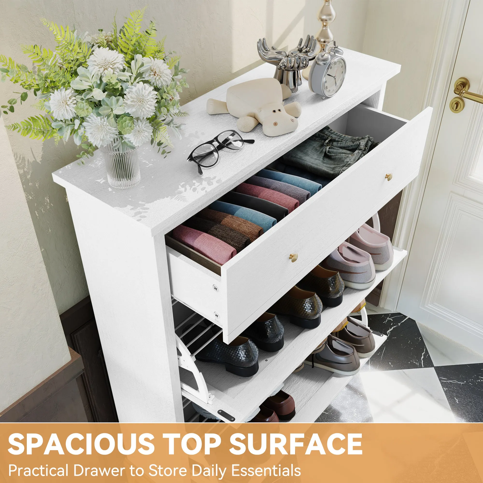 HLR White Space-Saving Hidden Shoe Cabinet 2 Flip-Doors & 1 Drawer  Compact Storage for Entryway, Living Room & Front Door