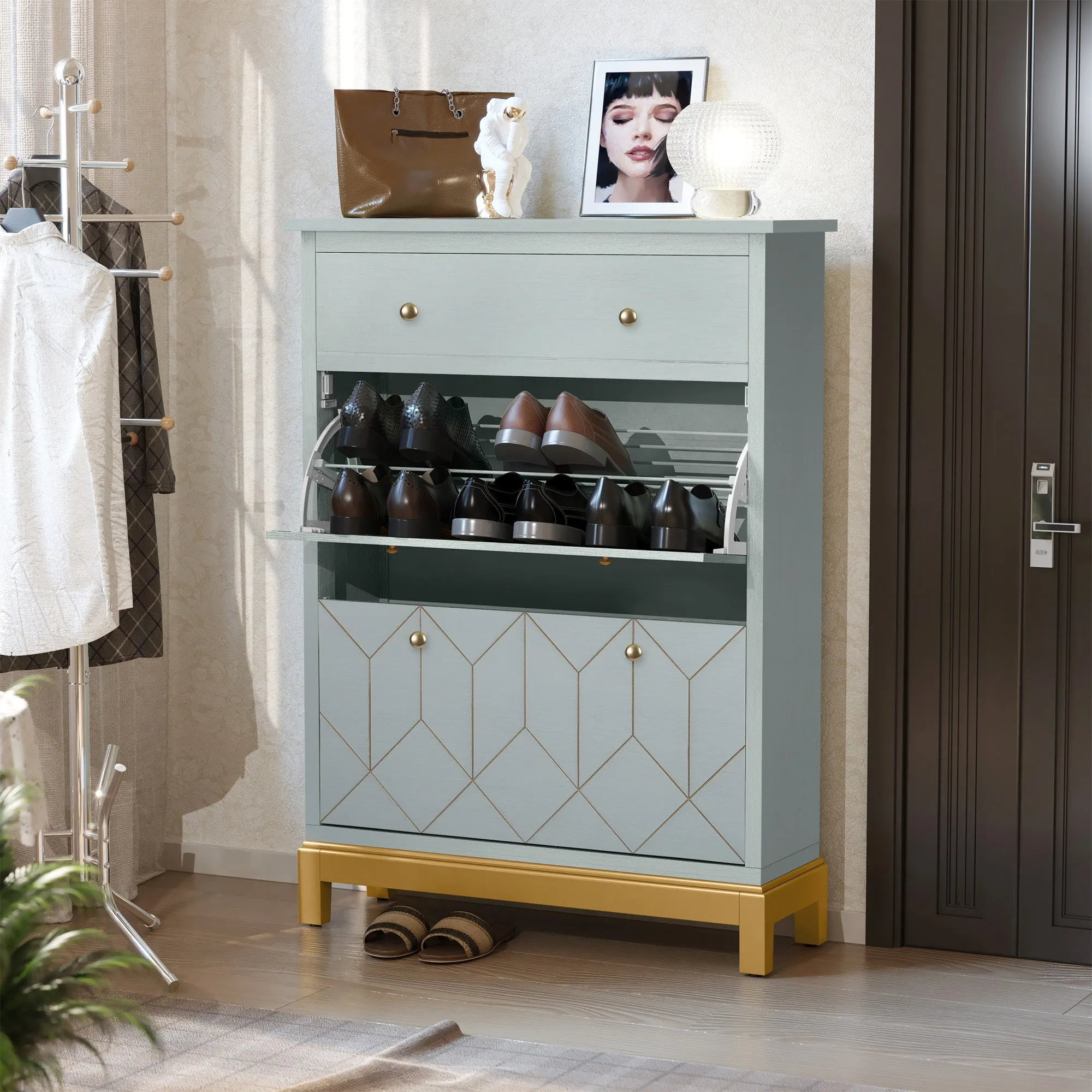 HLR White Space-Saving Hidden Shoe Cabinet 2 Flip-Doors & 1 Drawer  Compact Storage for Entryway, Living Room & Front Door