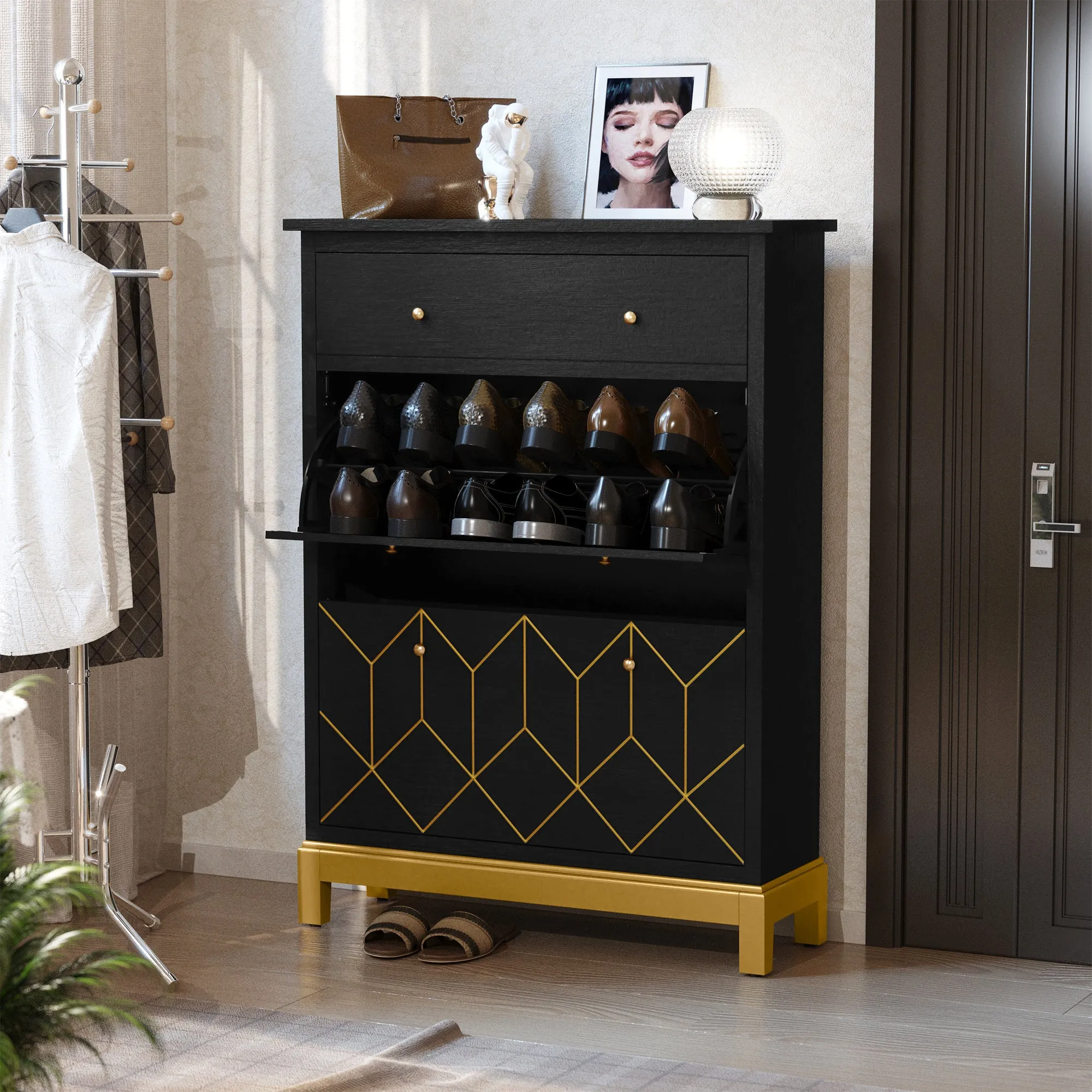 HLR White Space-Saving Hidden Shoe Cabinet 2 Flip-Doors & 1 Drawer  Compact Storage for Entryway, Living Room & Front Door