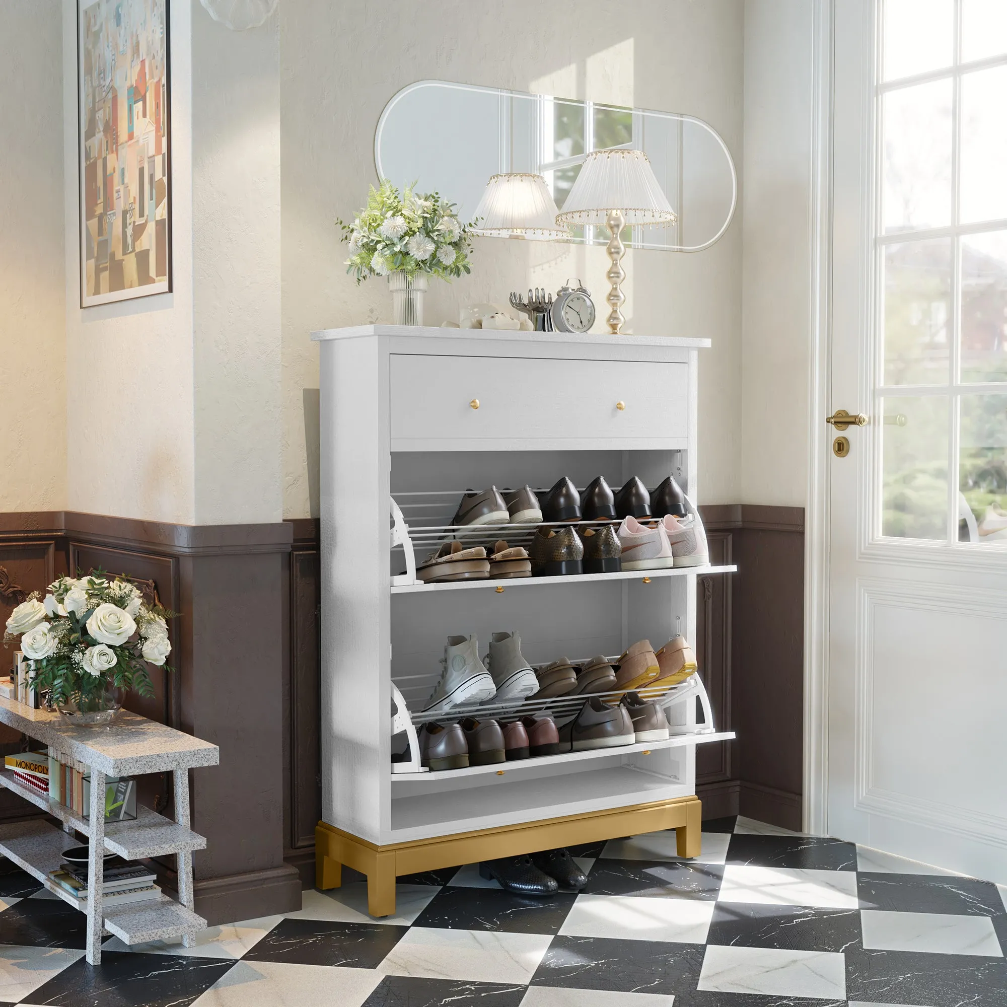 HLR White Space-Saving Hidden Shoe Cabinet 2 Flip-Doors & 1 Drawer  Compact Storage for Entryway, Living Room & Front Door