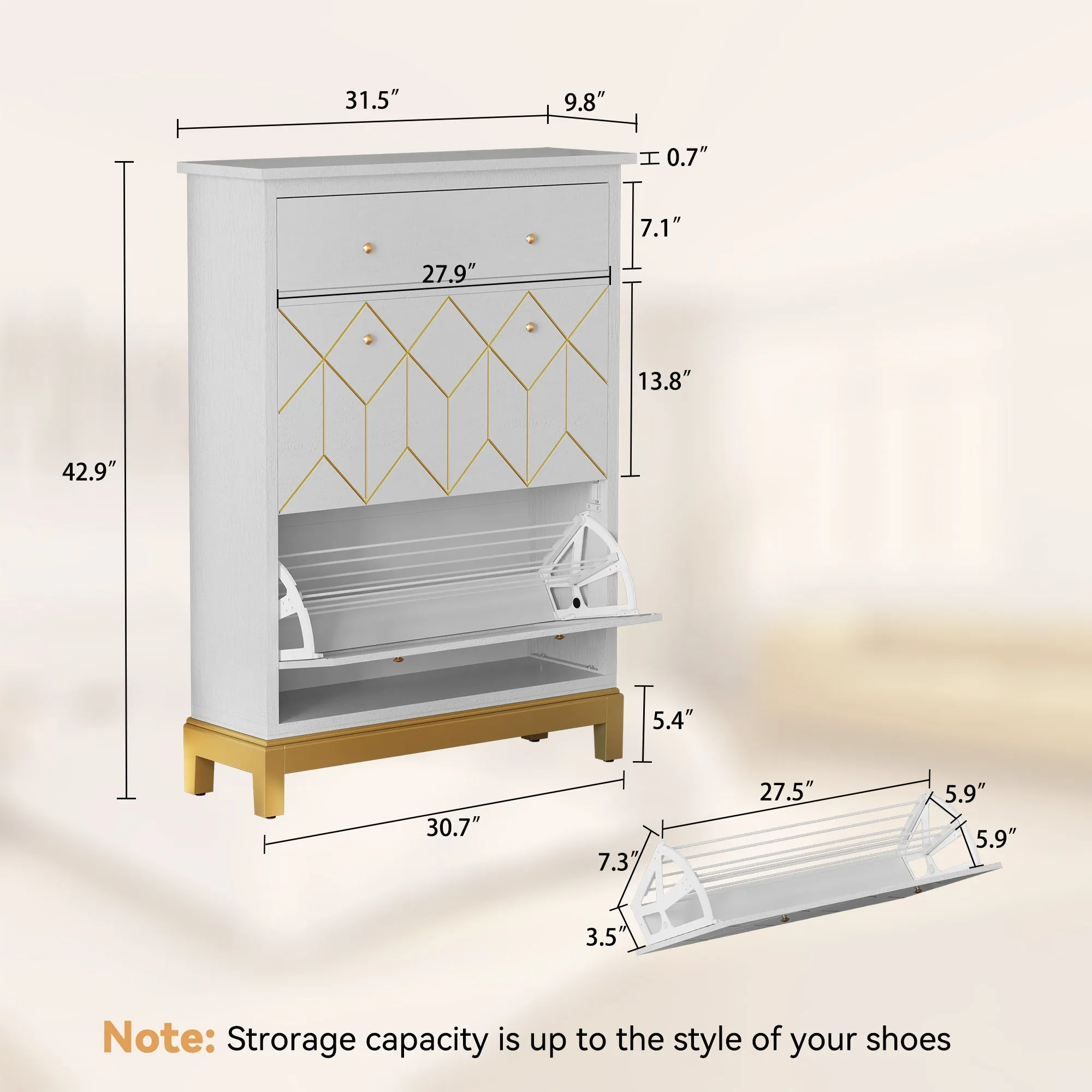 HLR White Space-Saving Hidden Shoe Cabinet 2 Flip-Doors & 1 Drawer  Compact Storage for Entryway, Living Room & Front Door