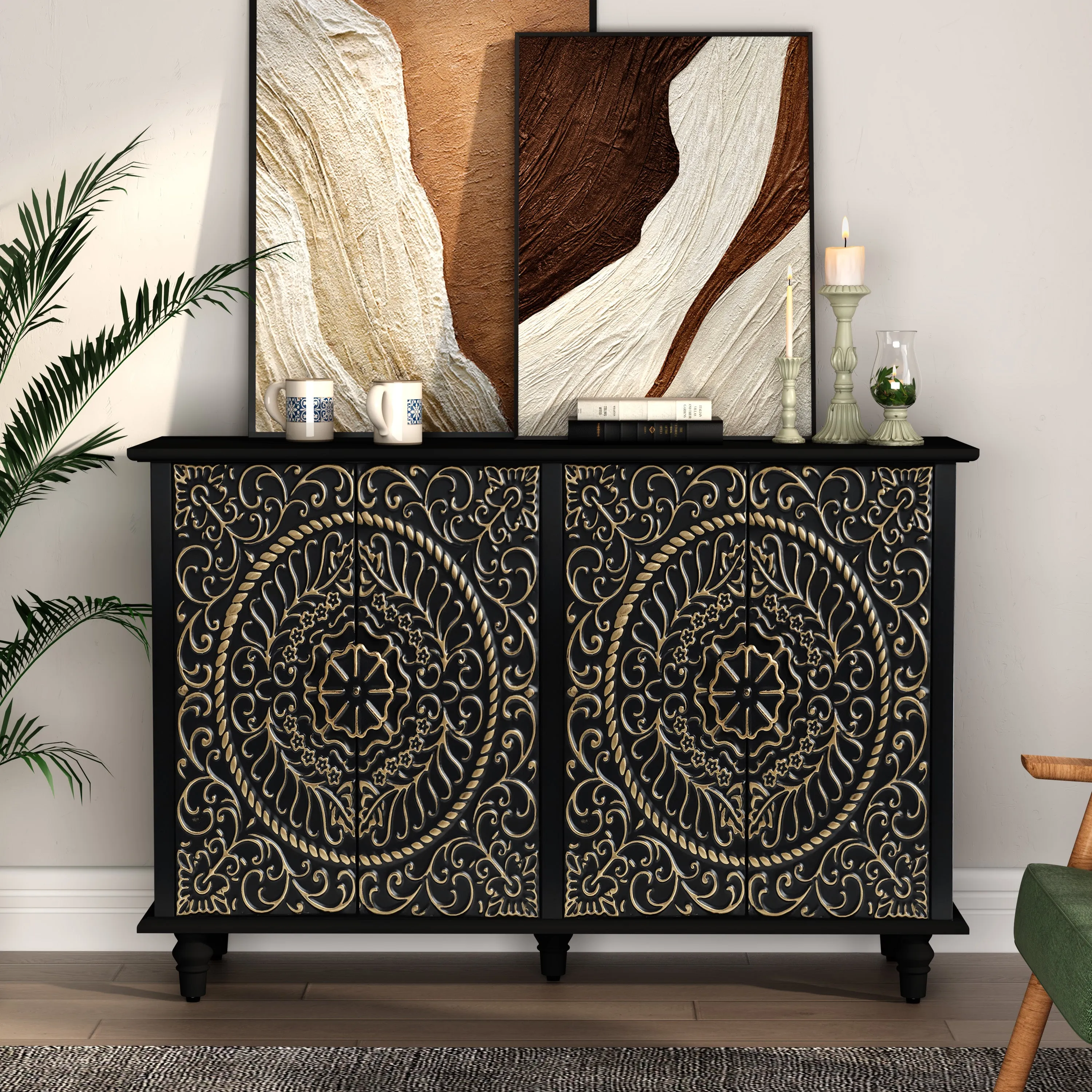 HLR White Wood Credenza Sideboard with 4-Door Storage & Carved Flower Design  Decorative Organizer for Entryway, Living, Kitchen & Dining
