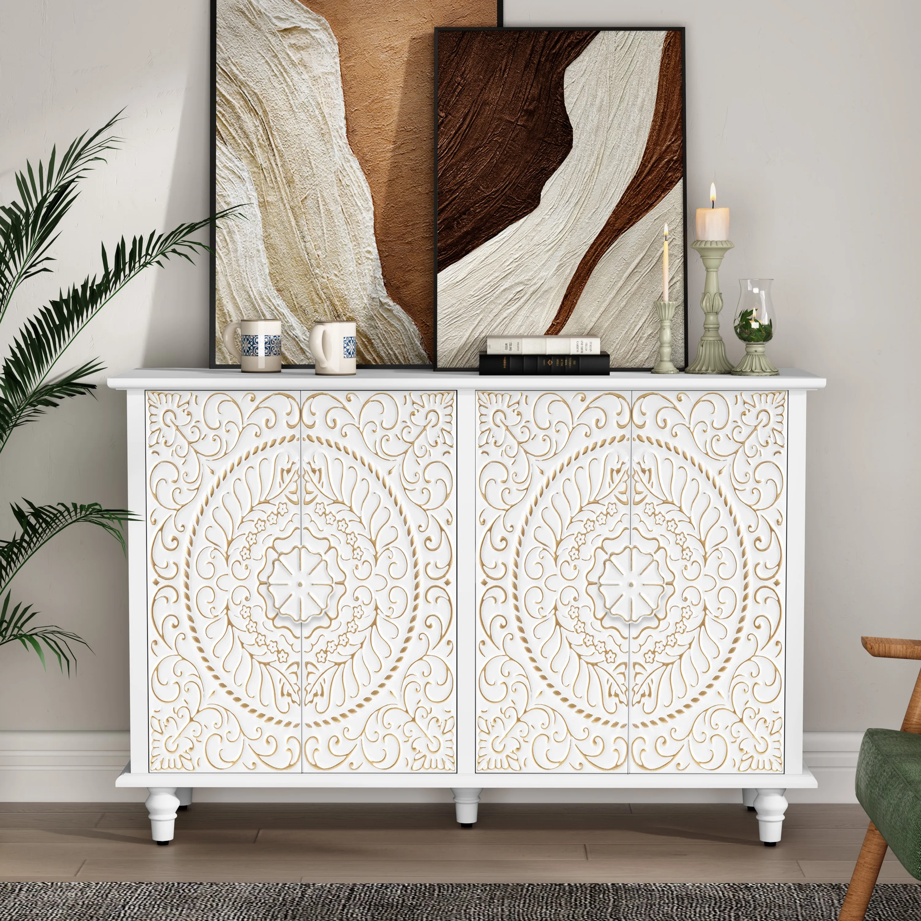 HLR White Wood Credenza Sideboard with 4-Door Storage & Carved Flower Design  Decorative Organizer for Entryway, Living, Kitchen & Dining
