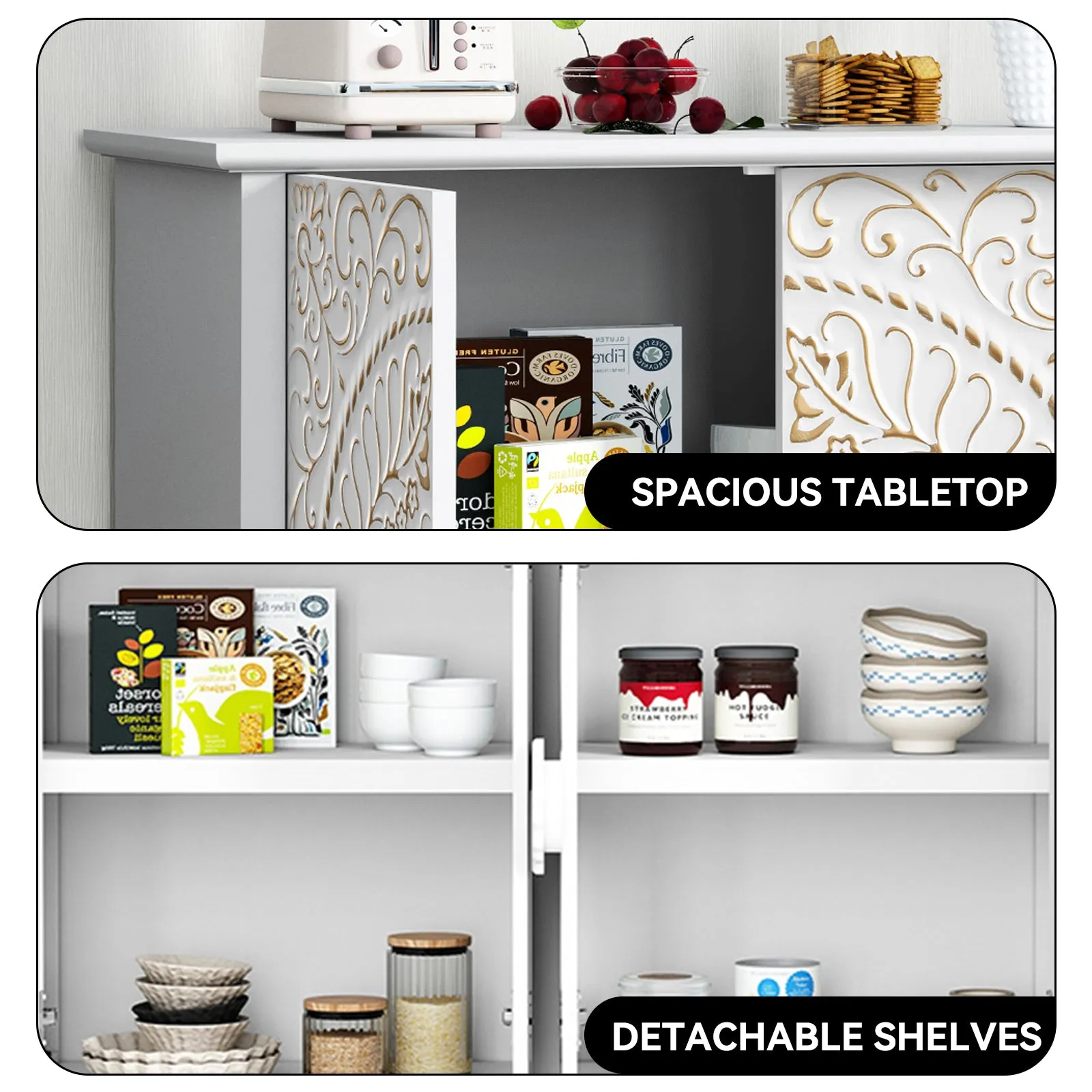 HLR White Wood Credenza Sideboard with 4-Door Storage & Carved Flower Design  Decorative Organizer for Entryway, Living, Kitchen & Dining