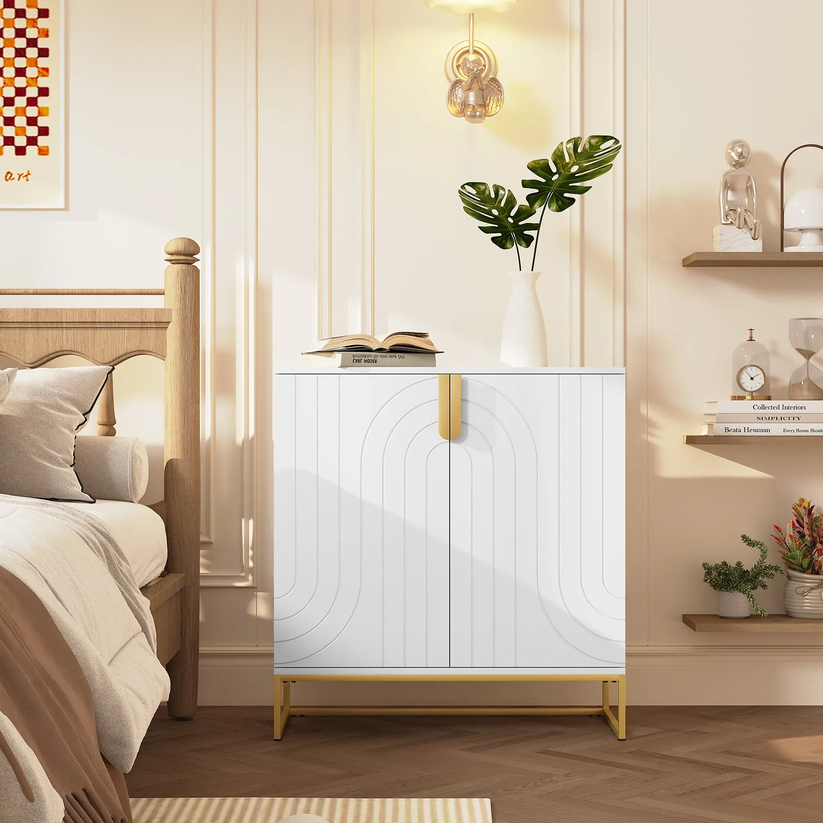 HLR White Wood Grain Accent Sideboard Cabinet with 2-Door Storage & Gold Metal Legs  Stylish Organizer for Living, Dining, Kitchen & Entryway