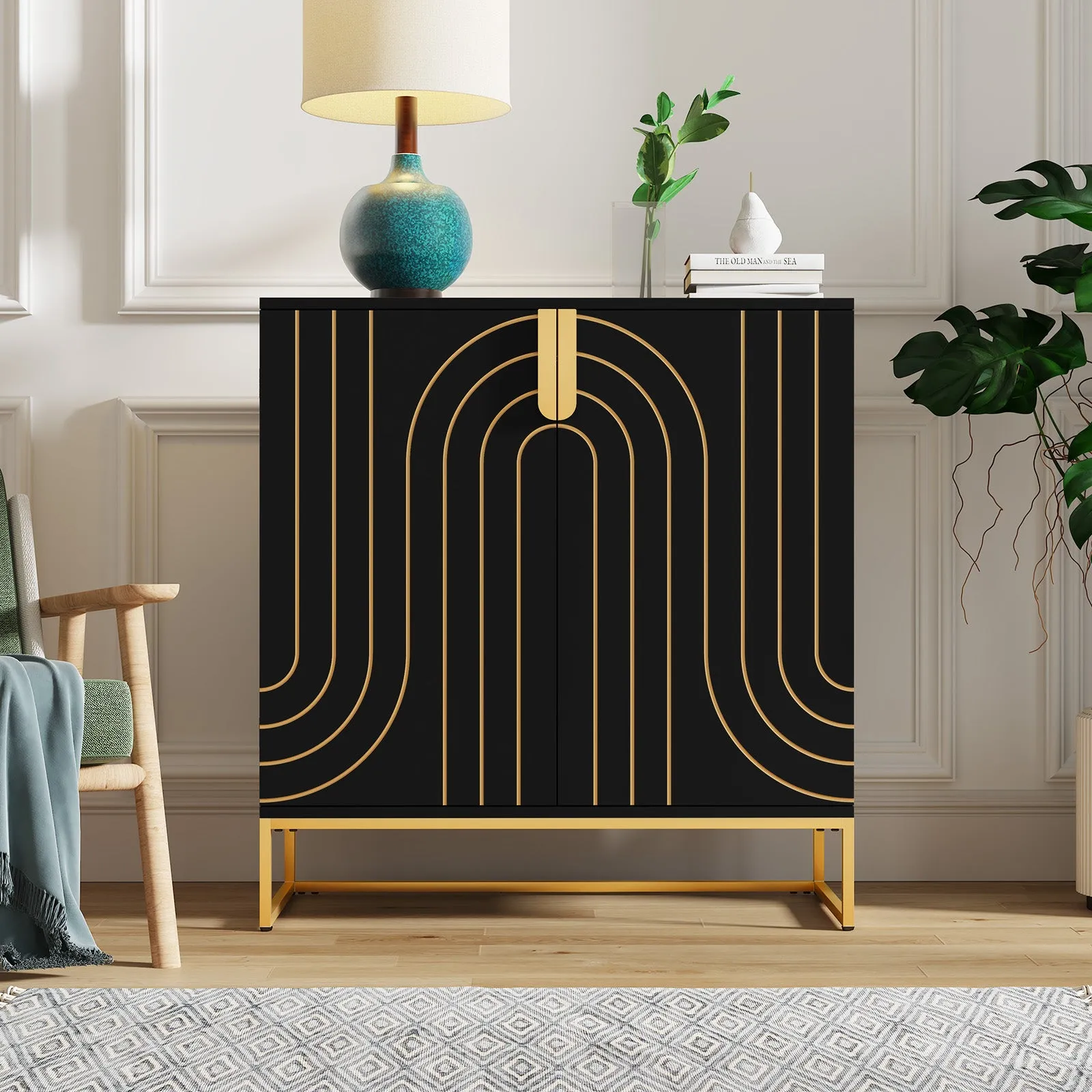 HLR White Wood Grain Accent Sideboard Cabinet with 2-Door Storage & Gold Metal Legs  Stylish Organizer for Living, Dining, Kitchen & Entryway