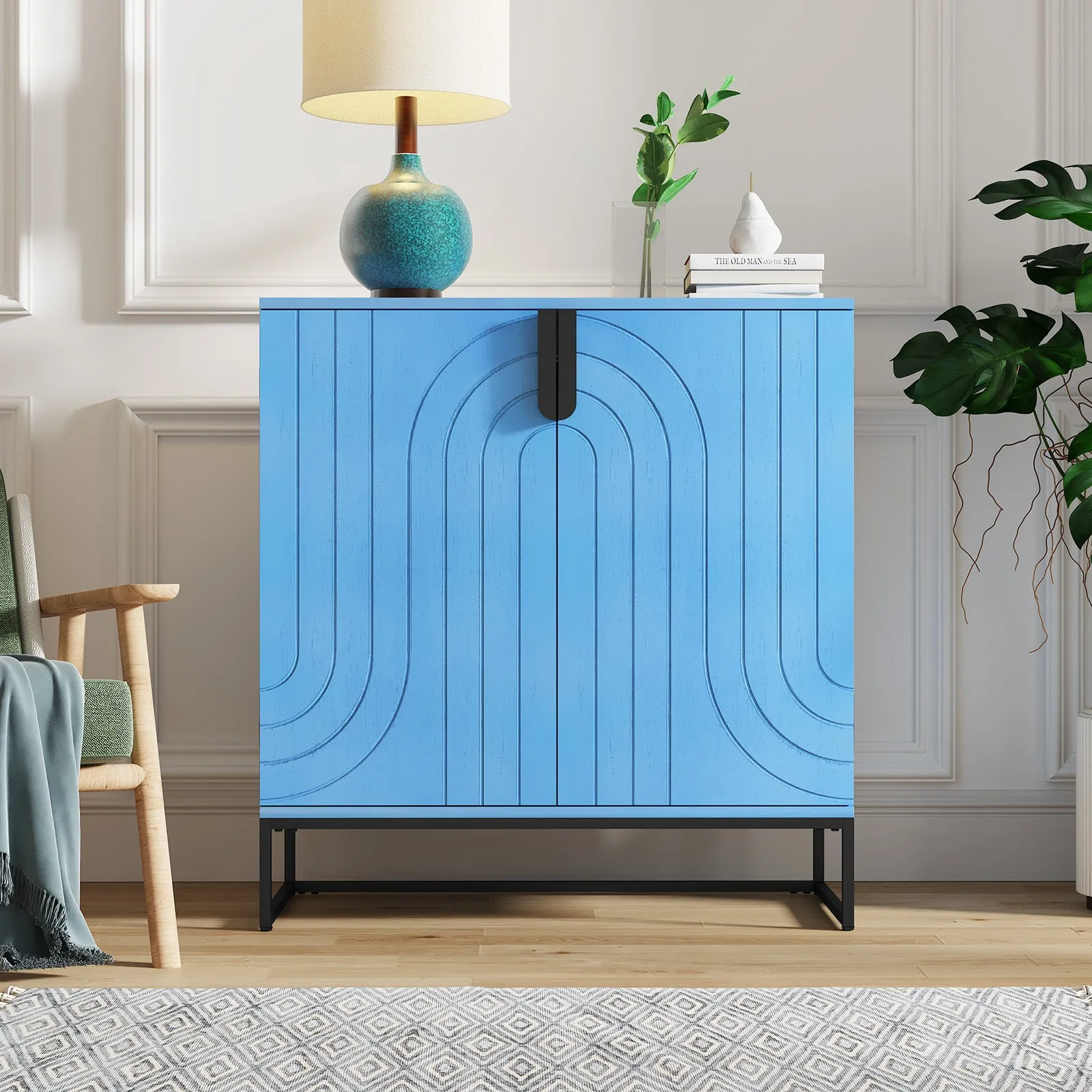 HLR White Wood Grain Accent Sideboard Cabinet with 2-Door Storage & Gold Metal Legs  Stylish Organizer for Living, Dining, Kitchen & Entryway