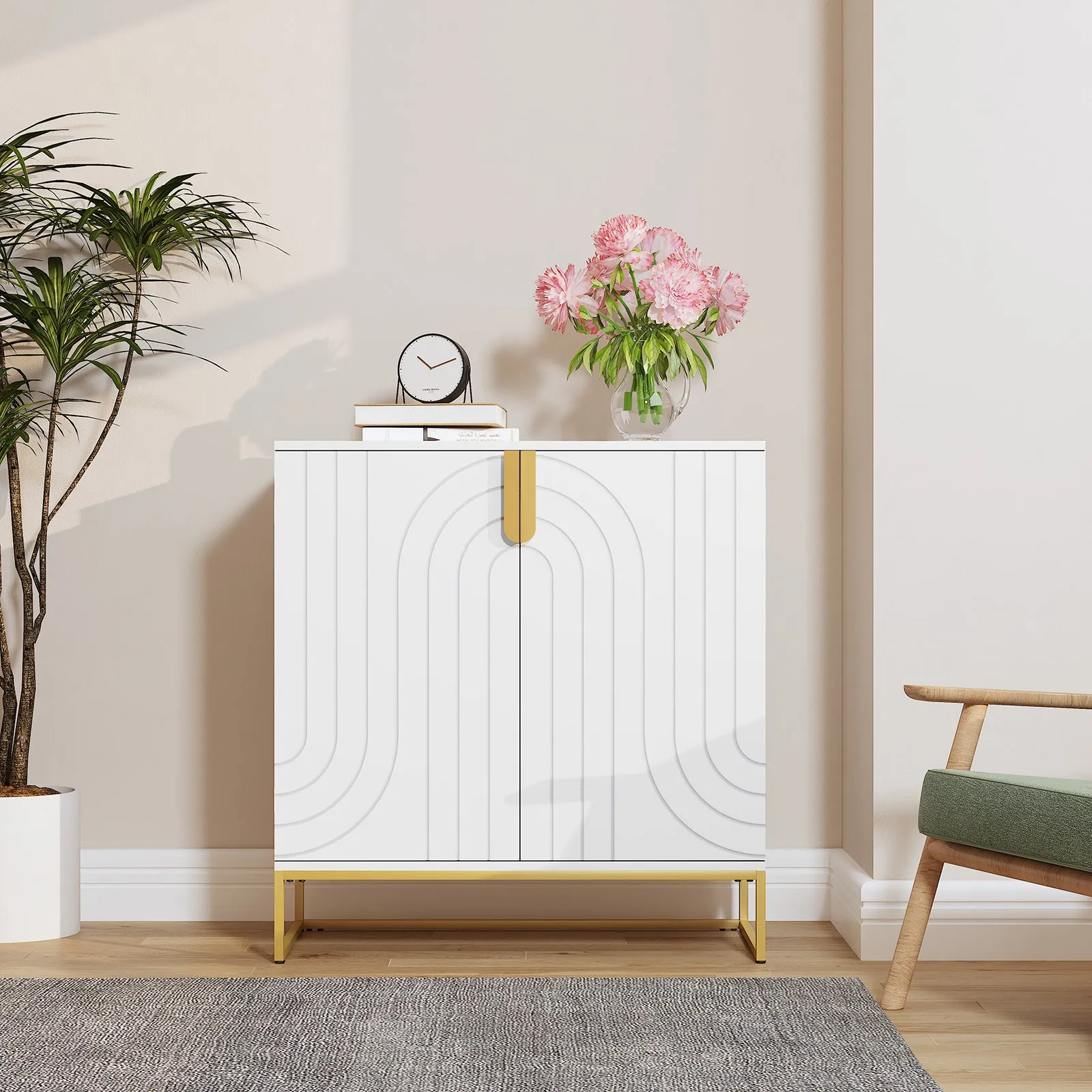 HLR White Wood Grain Accent Sideboard Cabinet with 2-Door Storage & Gold Metal Legs  Stylish Organizer for Living, Dining, Kitchen & Entryway