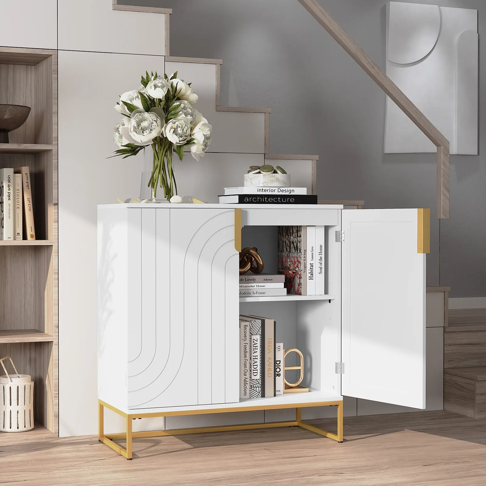 HLR White Wood Grain Accent Sideboard Cabinet with 2-Door Storage & Gold Metal Legs  Stylish Organizer for Living, Dining, Kitchen & Entryway