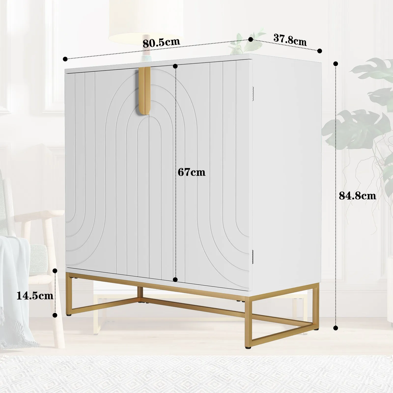 HLR White Wood Grain Accent Sideboard Cabinet with 2-Door Storage & Gold Metal Legs  Stylish Organizer for Living, Dining, Kitchen & Entryway
