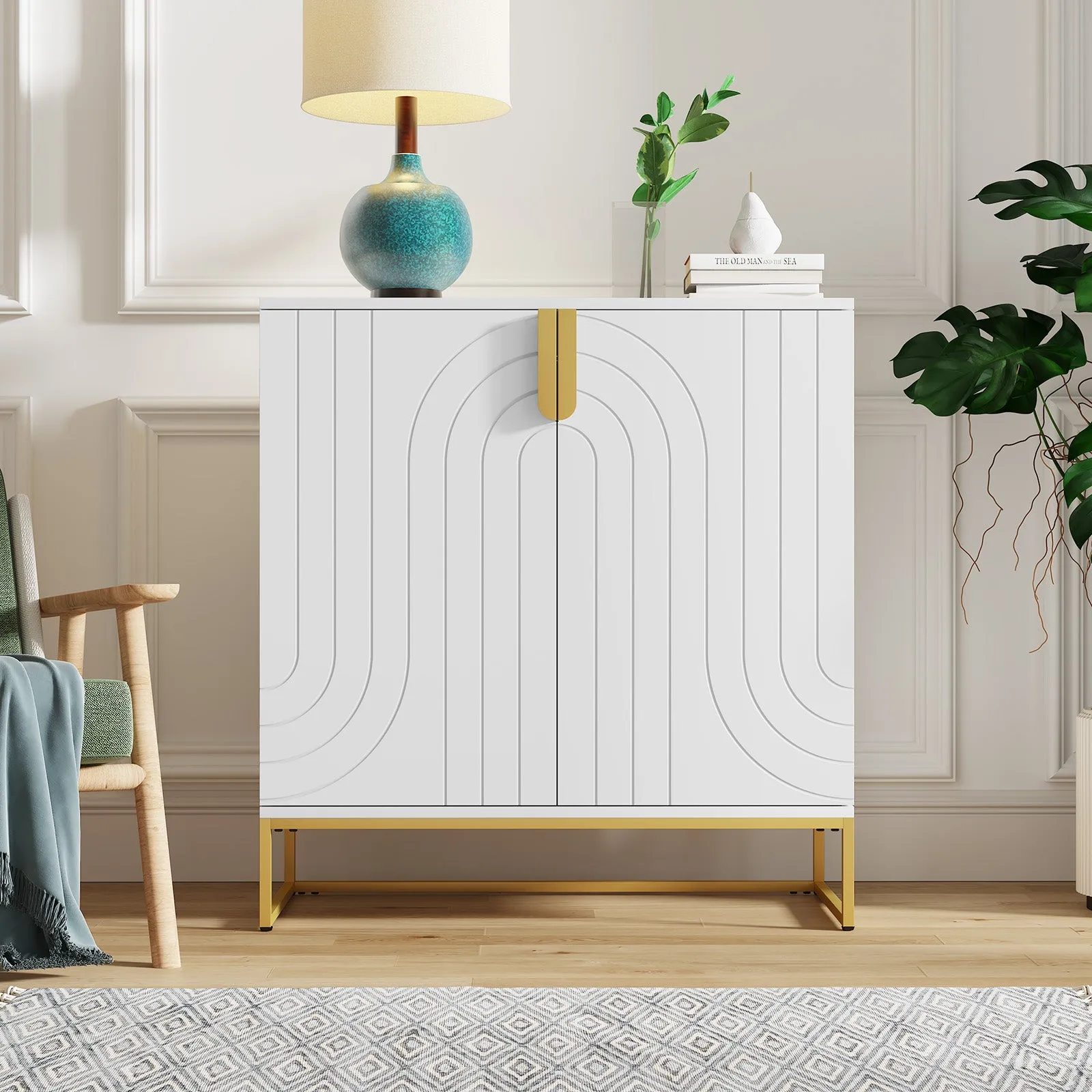 HLR White Wood Grain Accent Sideboard Cabinet with 2-Door Storage & Gold Metal Legs  Stylish Organizer for Living, Dining, Kitchen & Entryway