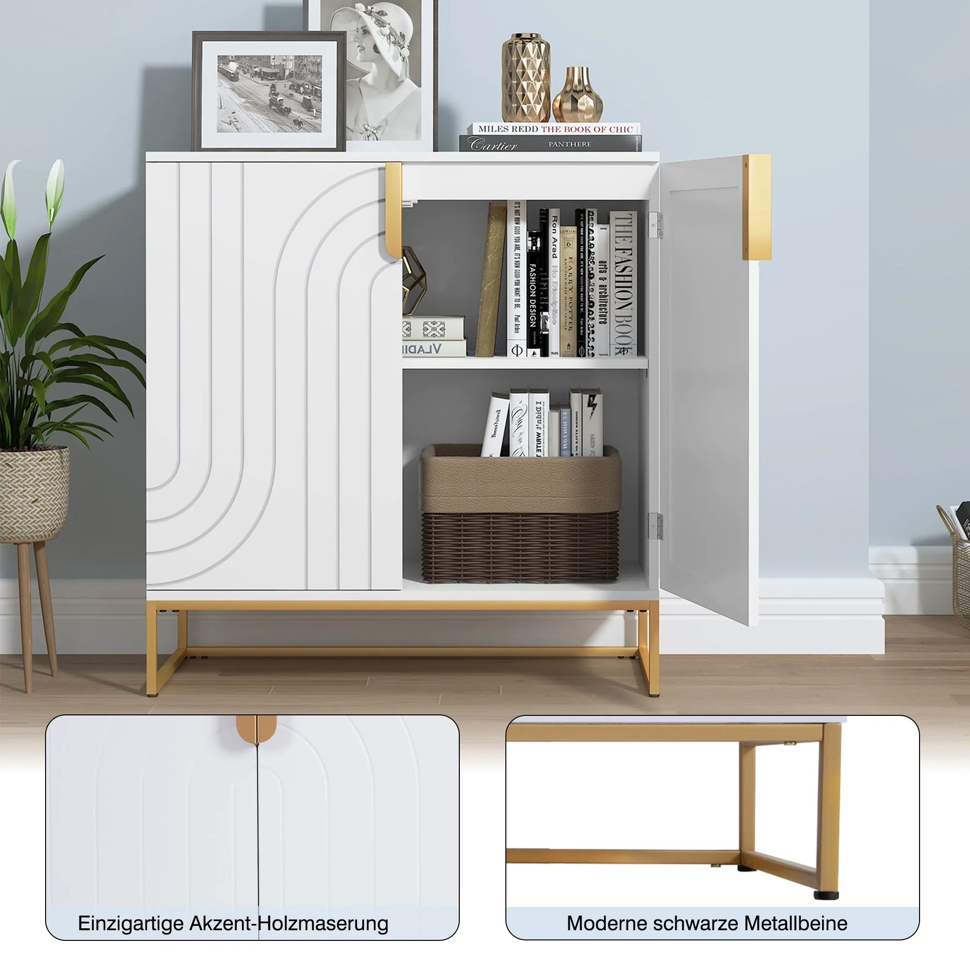 HLR White Wood Grain Accent Sideboard Cabinet with 2-Door Storage & Gold Metal Legs  Stylish Organizer for Living, Dining, Kitchen & Entryway