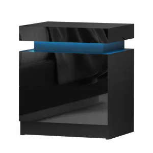 LED Light Bedside Table With Drawers Black