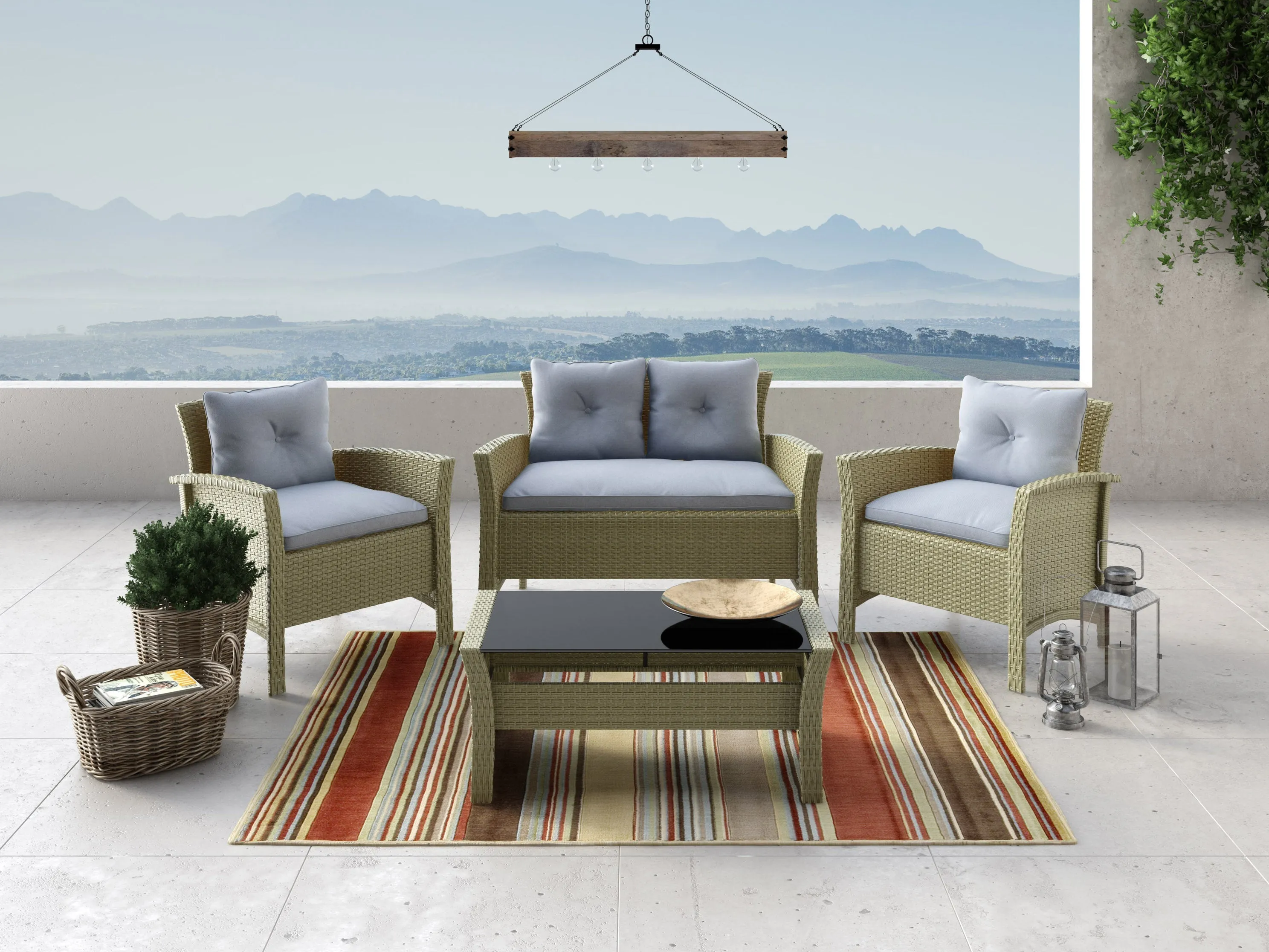 Light Blue 4 Piece Wicker Patio Set