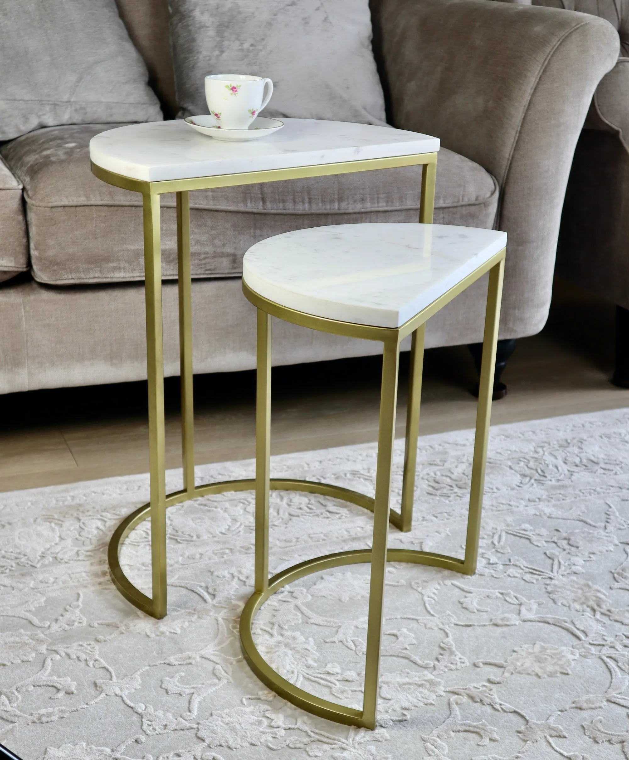 Luxore Half Moon Nest Of 2 Tables, White Marble